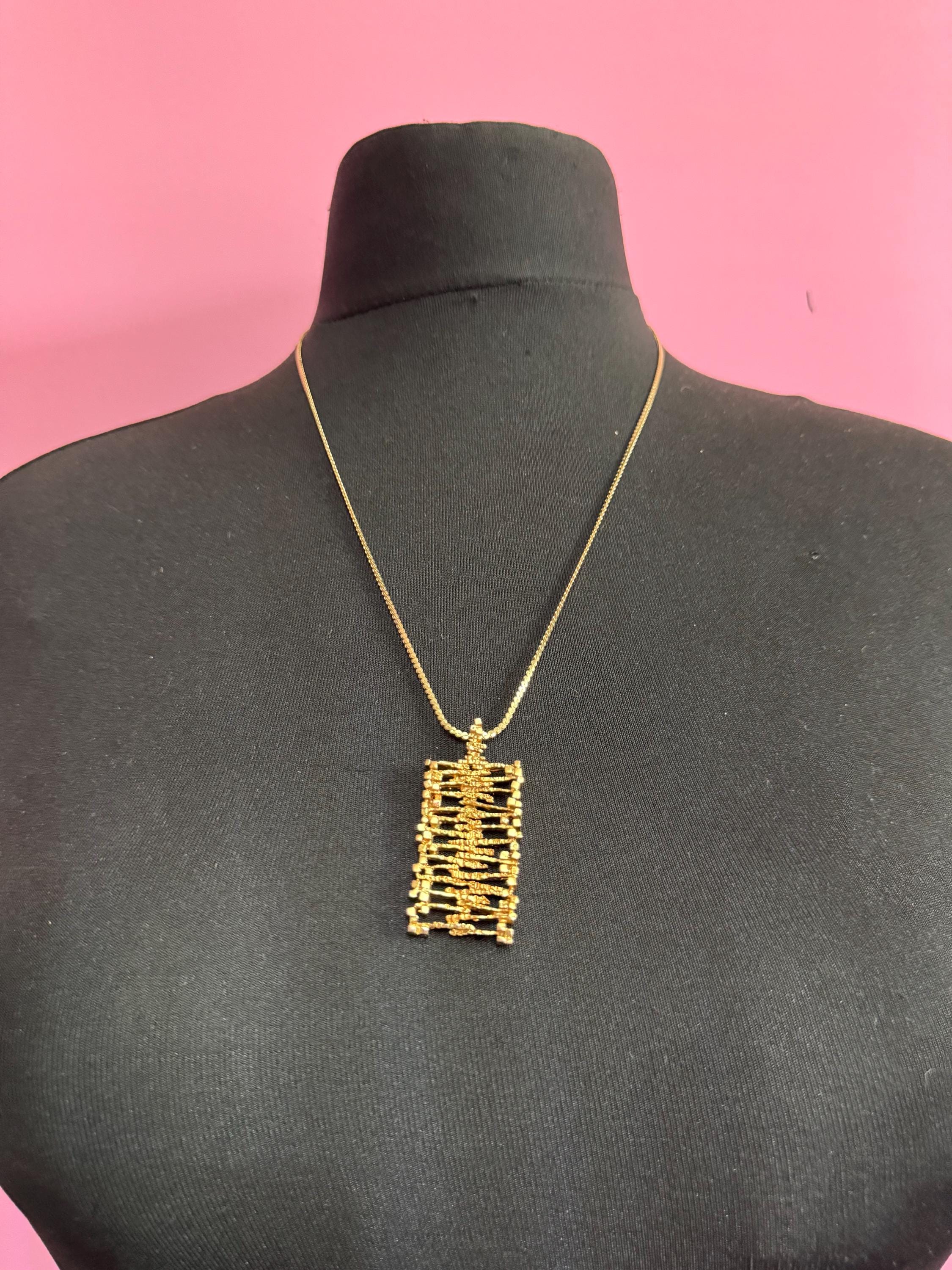 vintage geometric brutalist pendant necklace, 1970s gold tone