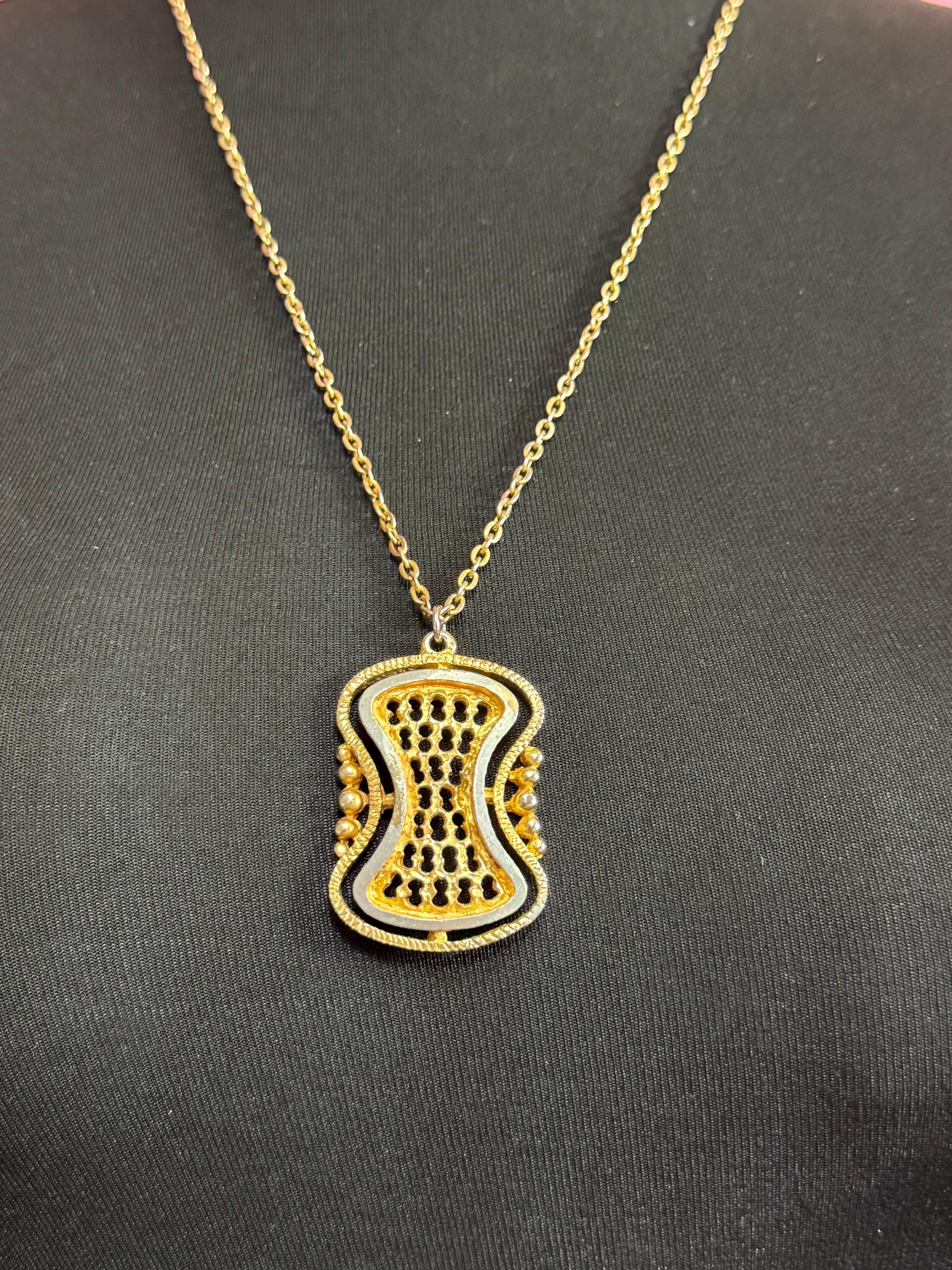 vintage geometric brutalist pendant necklace, 1970s gold and silver tone