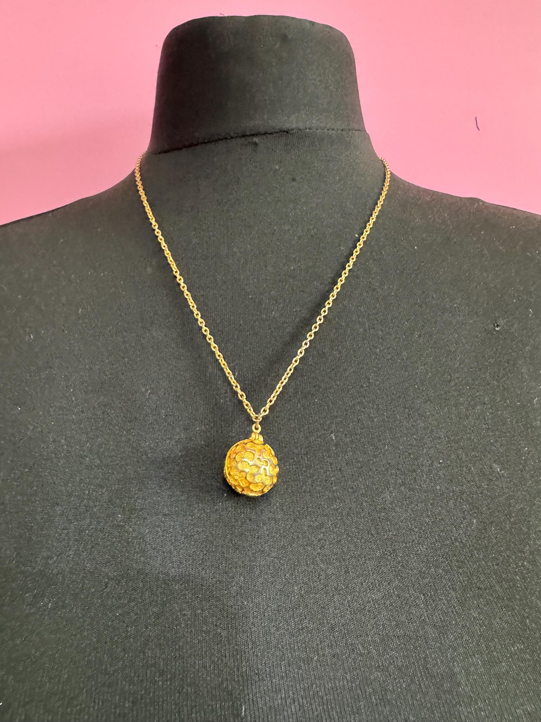 Retro 1980s modernist gold ball Locket Pendant Necklace