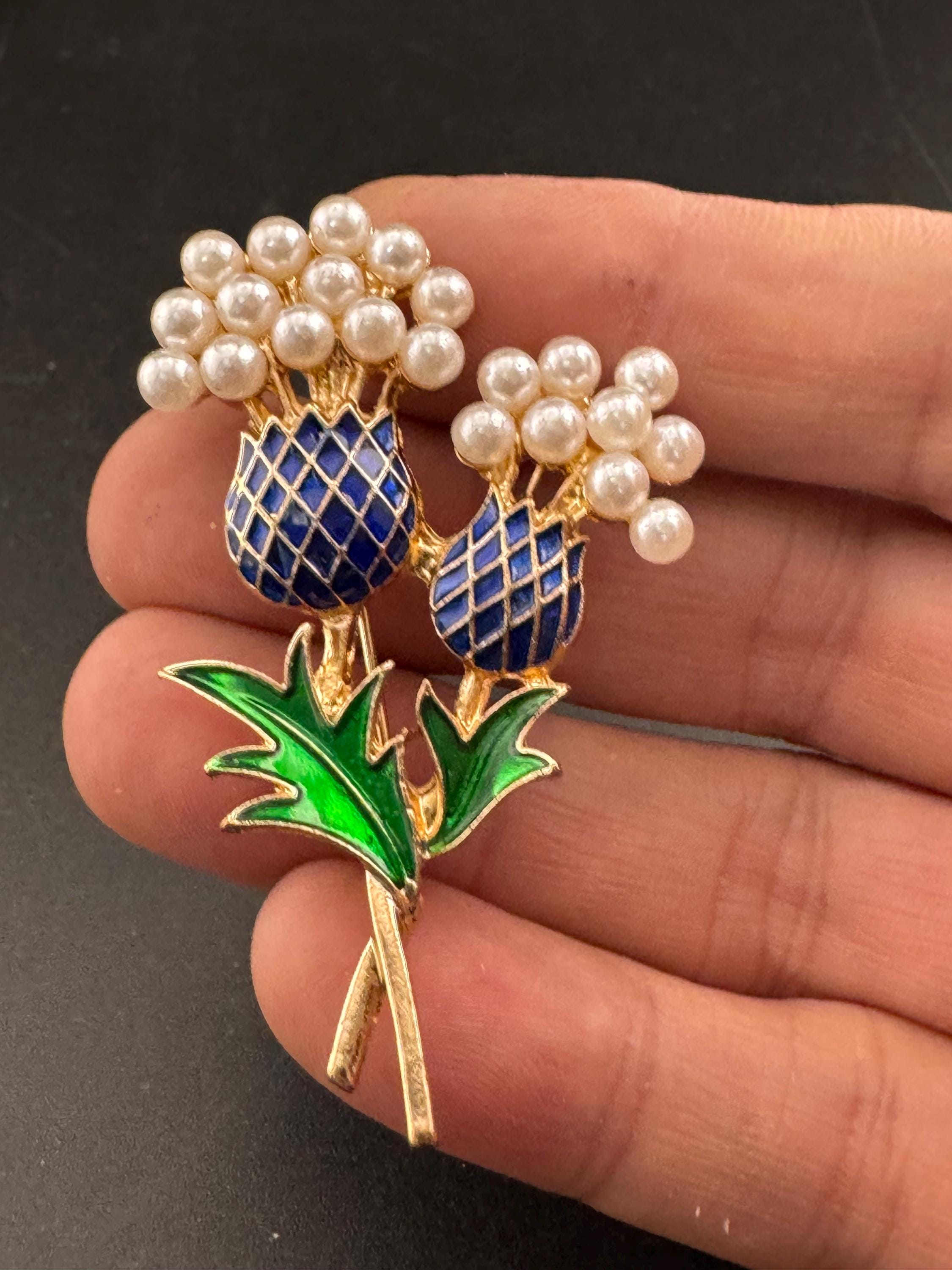 Retro Scottish enamel Purple Thistle Brooch with seed pearls , gold tone
