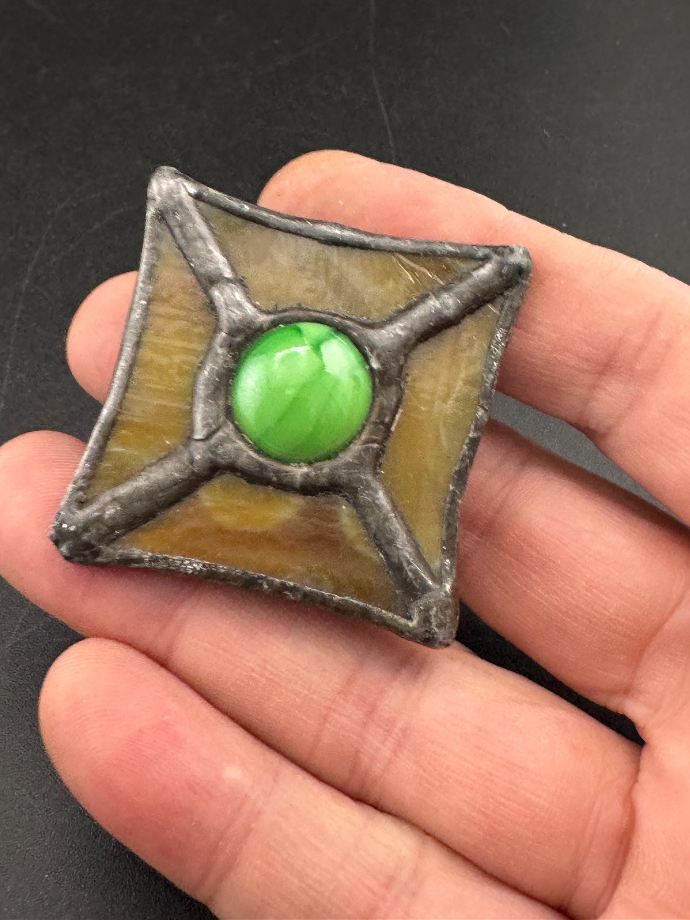 Vintage arts and crafts style pewter glass brooch, green cabochon Ruskin style