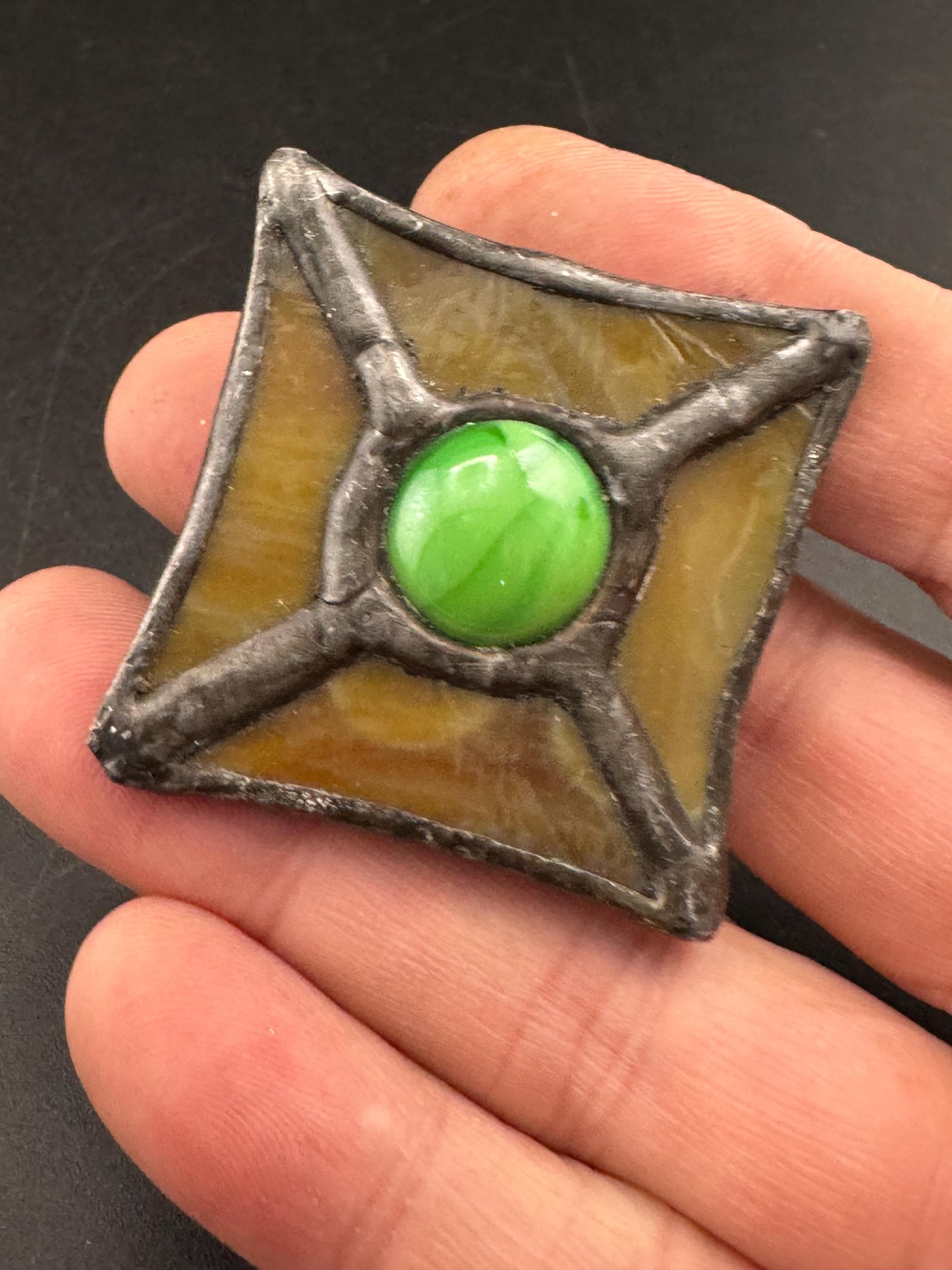 Vintage arts and crafts style pewter glass brooch, green cabochon Ruskin style
