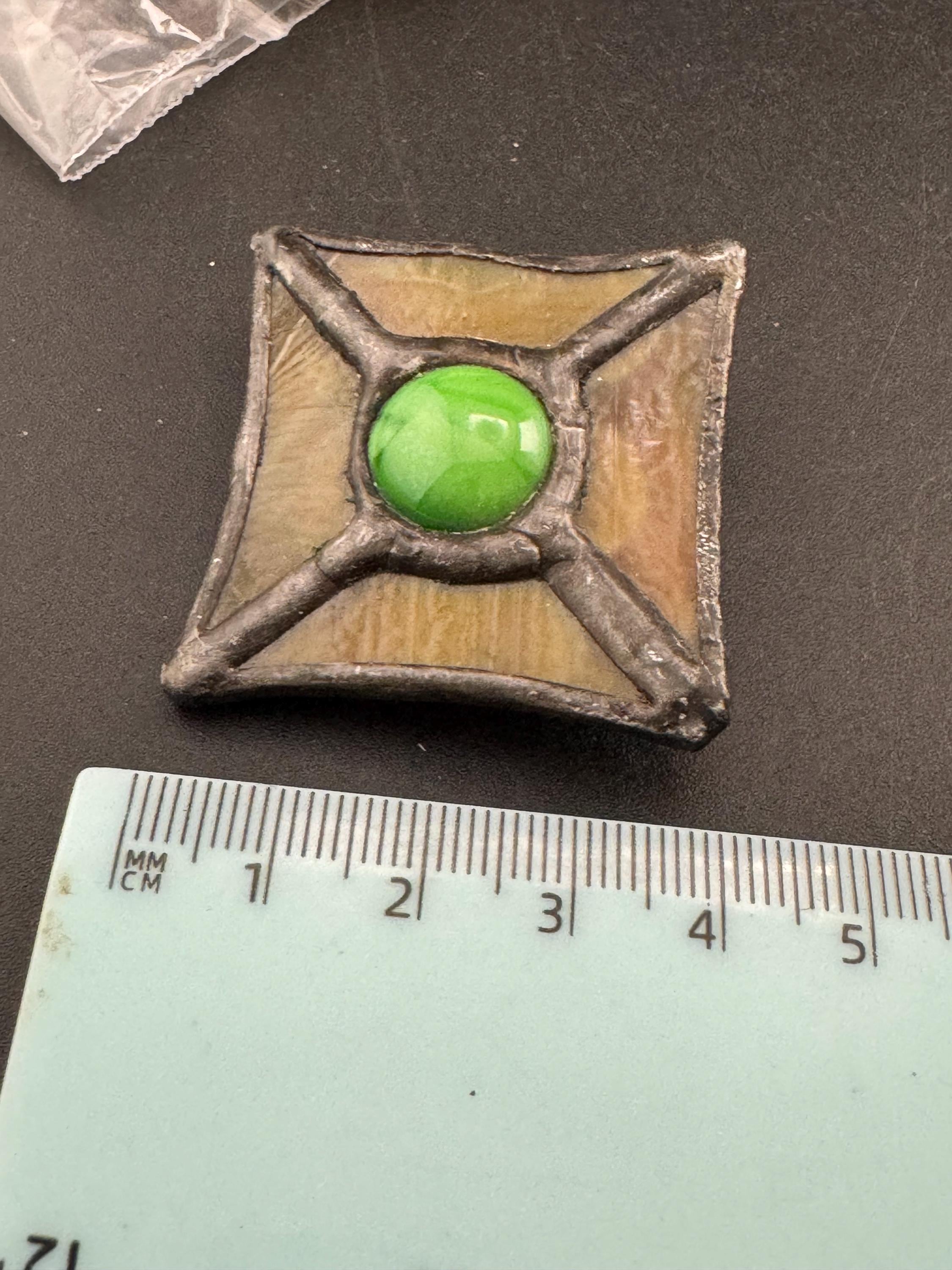 Vintage arts and crafts style pewter glass brooch, green cabochon Ruskin style