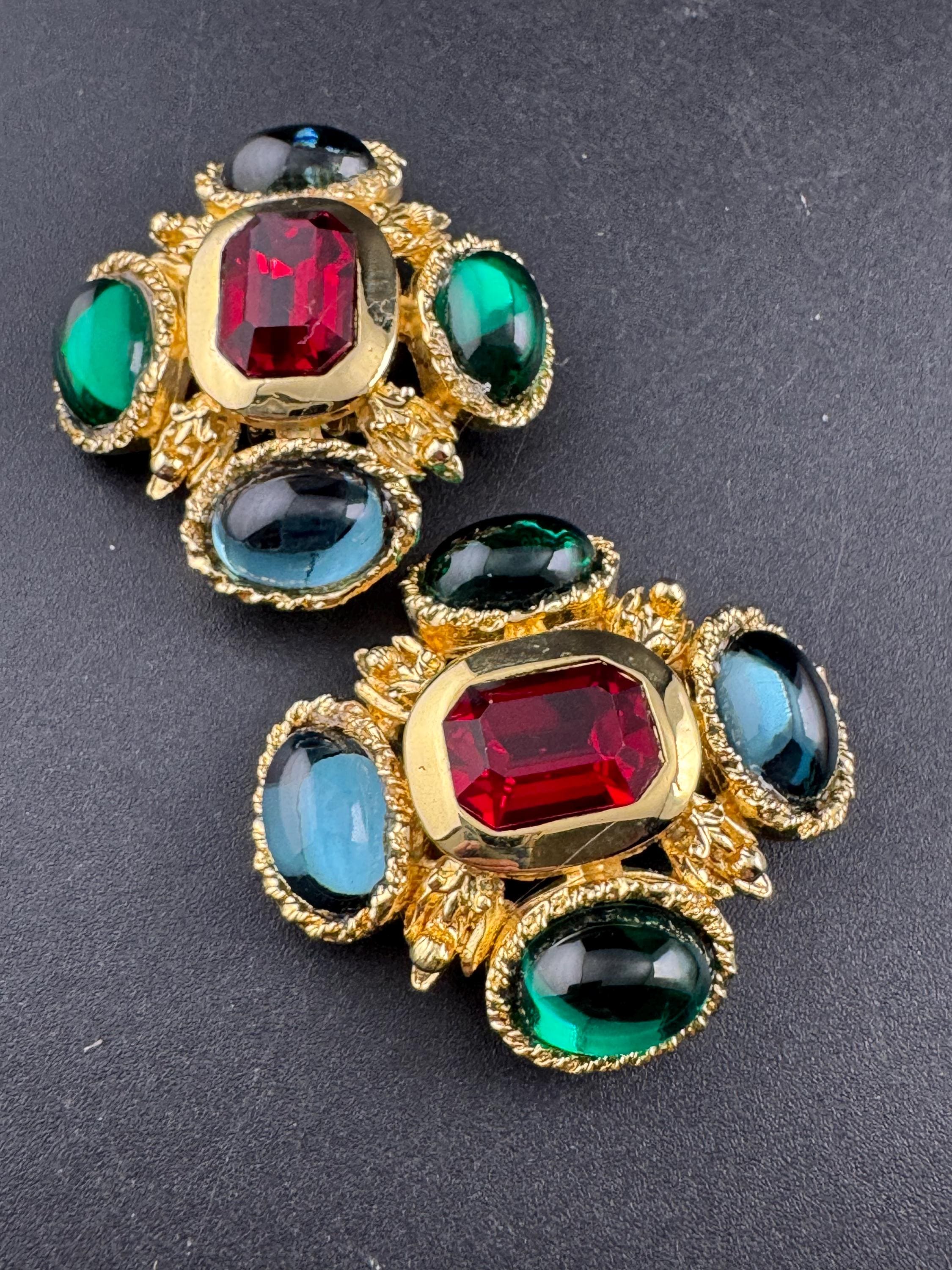 Vintage 1980s Swarovski Crystal Cross Earrings: Gold Tone Emerald ruby sapphire Cabochon