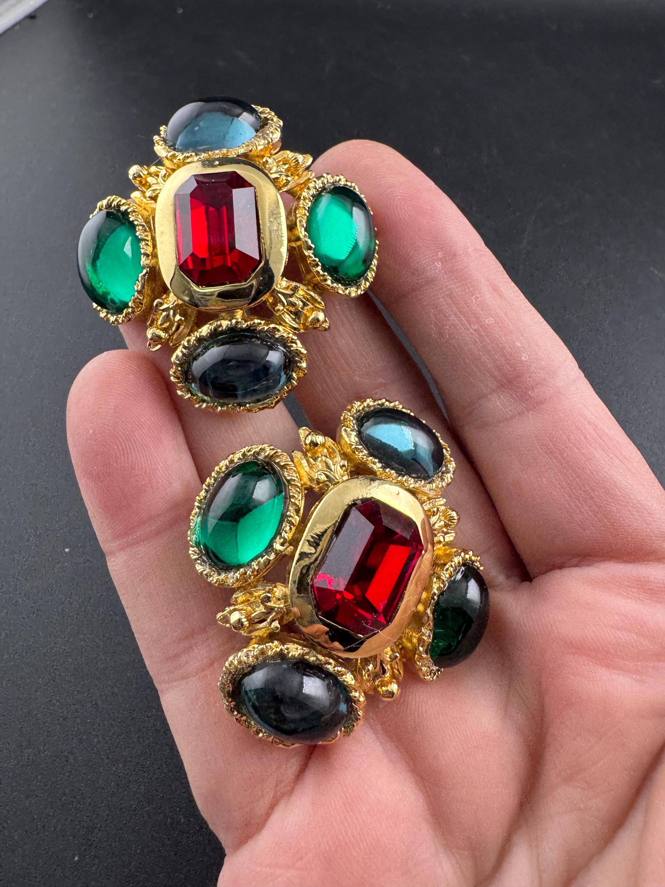 Vintage 1980s Swarovski Crystal Cross Earrings: Gold Tone Emerald ruby sapphire Cabochon