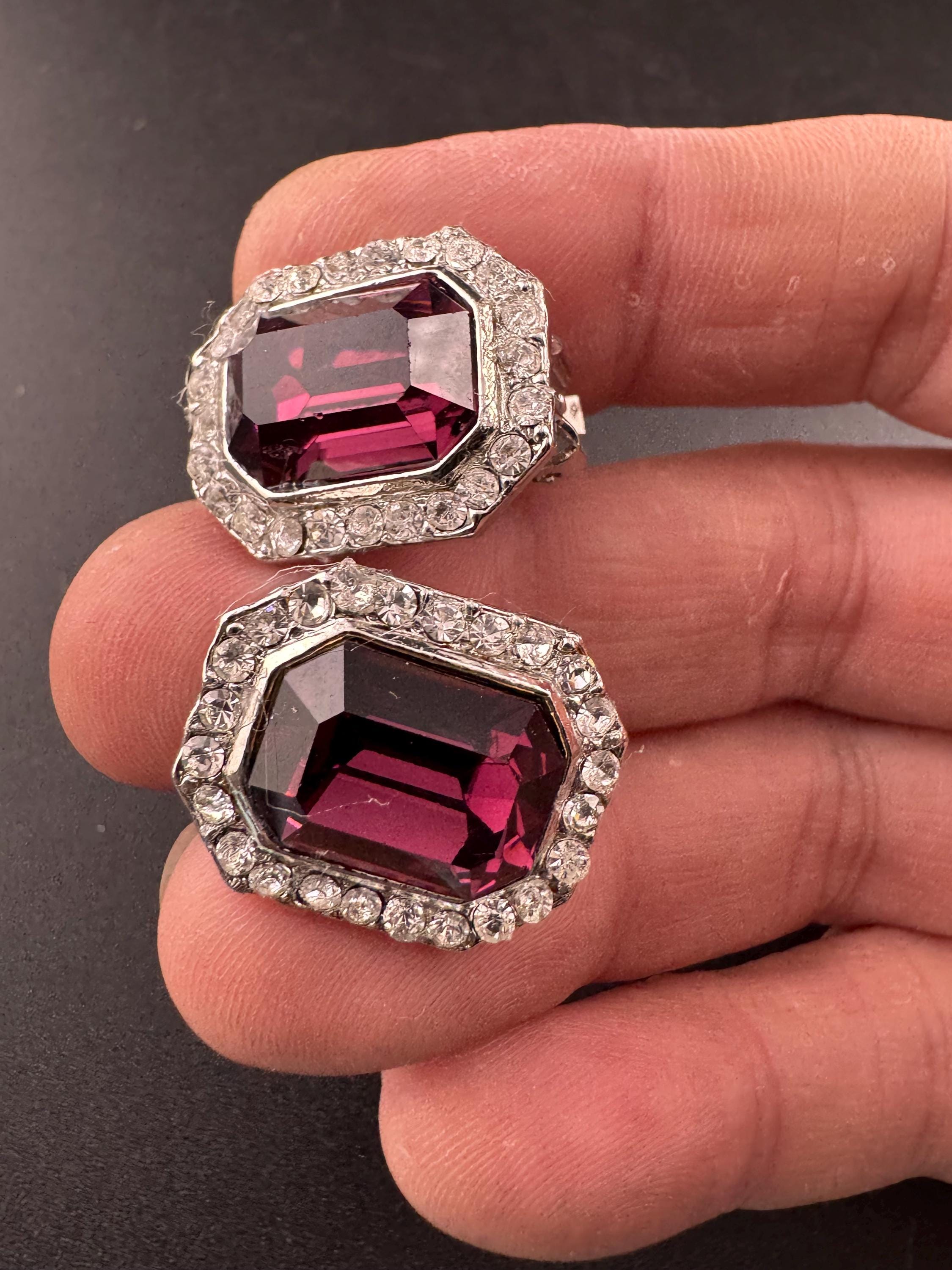 Vintage 1980s Swarovski Crystal Clip On Earrings: purple Octagon