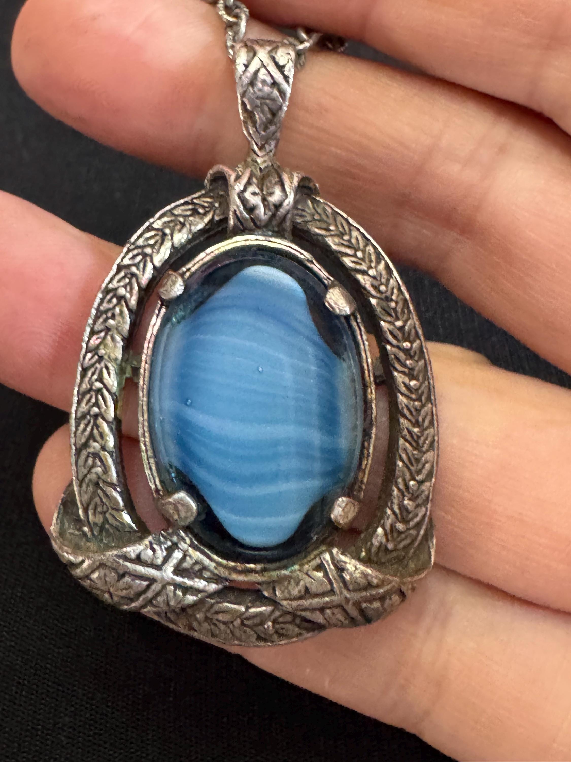 Signed Miracle blue glass pendant, Scottish Celtic necklace silver tone