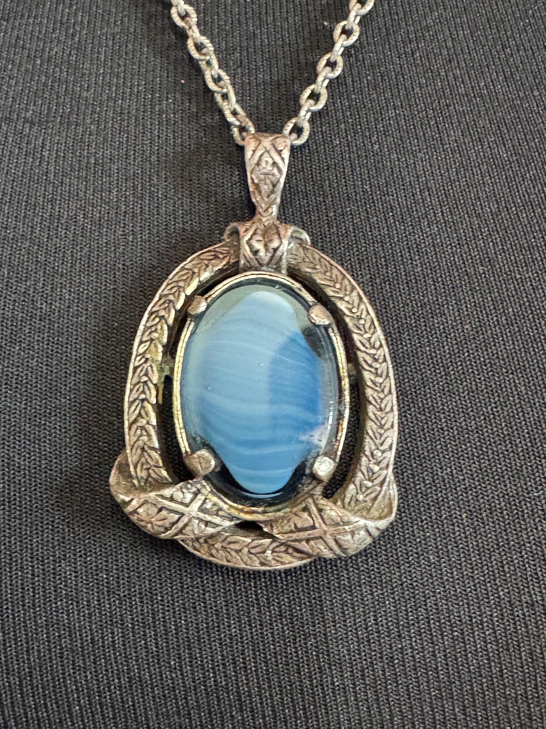 Signed Miracle blue glass pendant, Scottish Celtic necklace silver tone