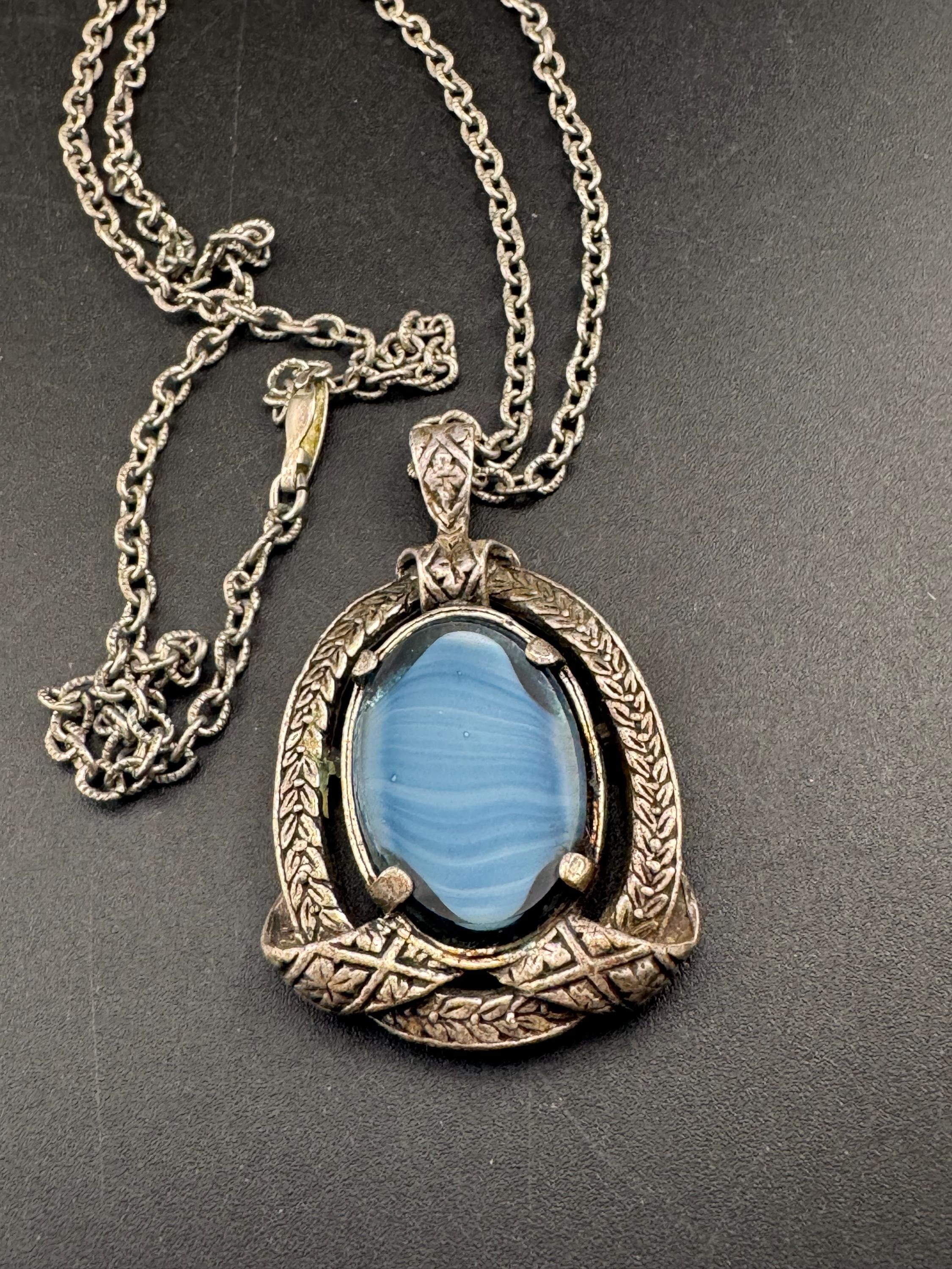 Signed Miracle blue glass pendant, Scottish Celtic necklace silver tone