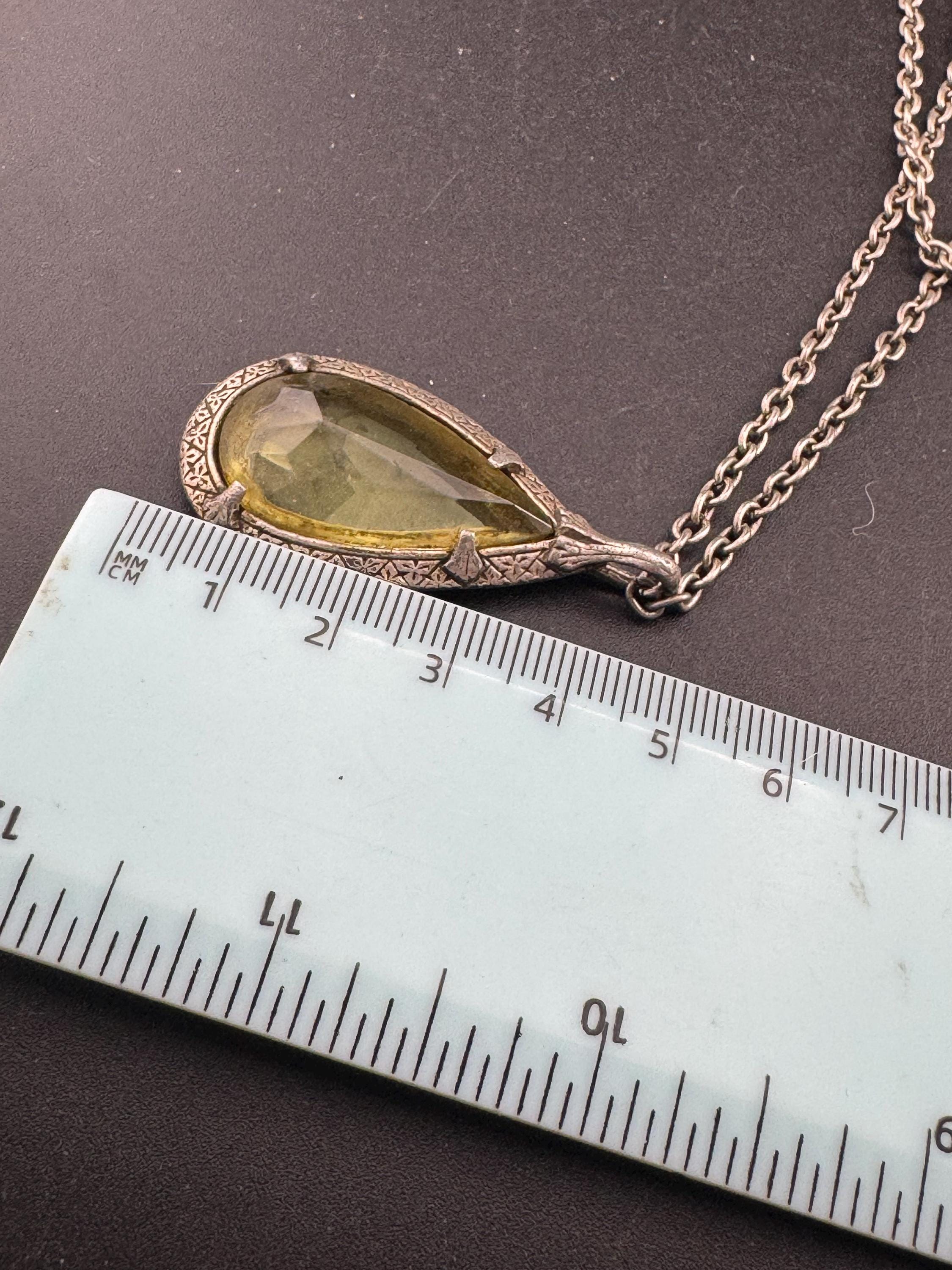 Yellow glass teardrop pendant, Scottish Celtic necklace silver tone