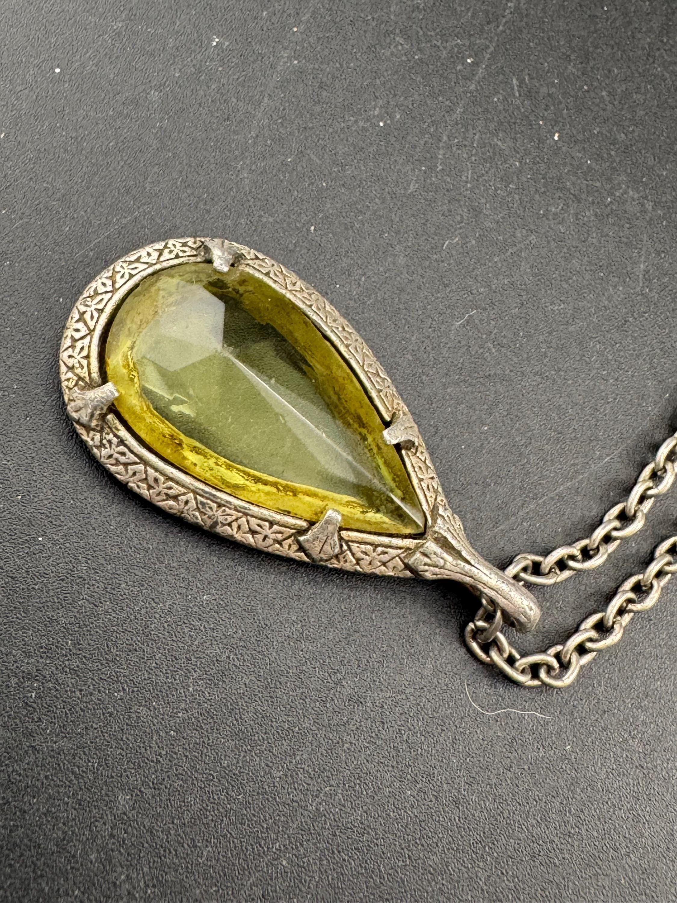 Yellow glass teardrop pendant, Scottish Celtic necklace silver tone