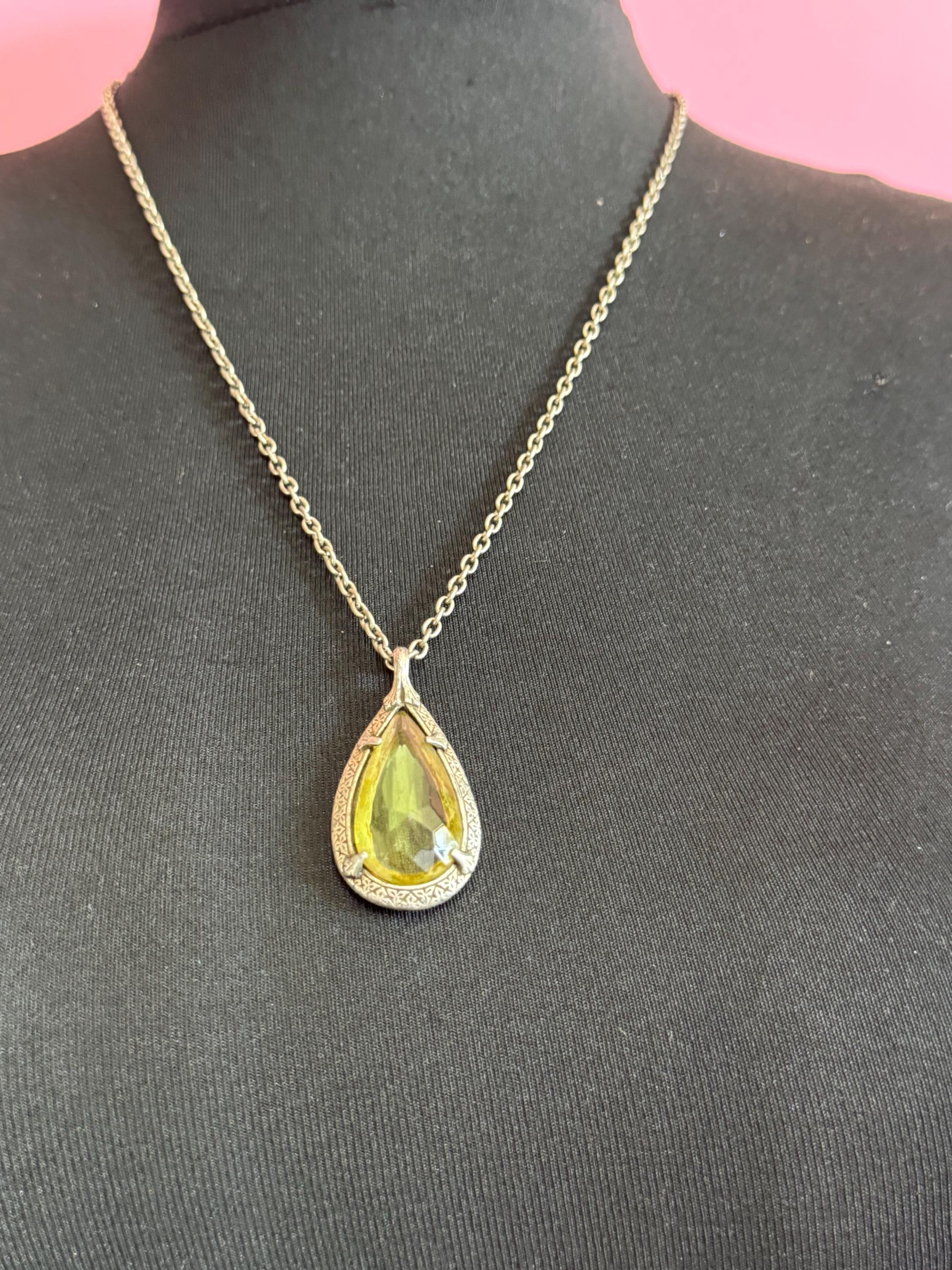 Yellow glass teardrop pendant, Scottish Celtic necklace silver tone