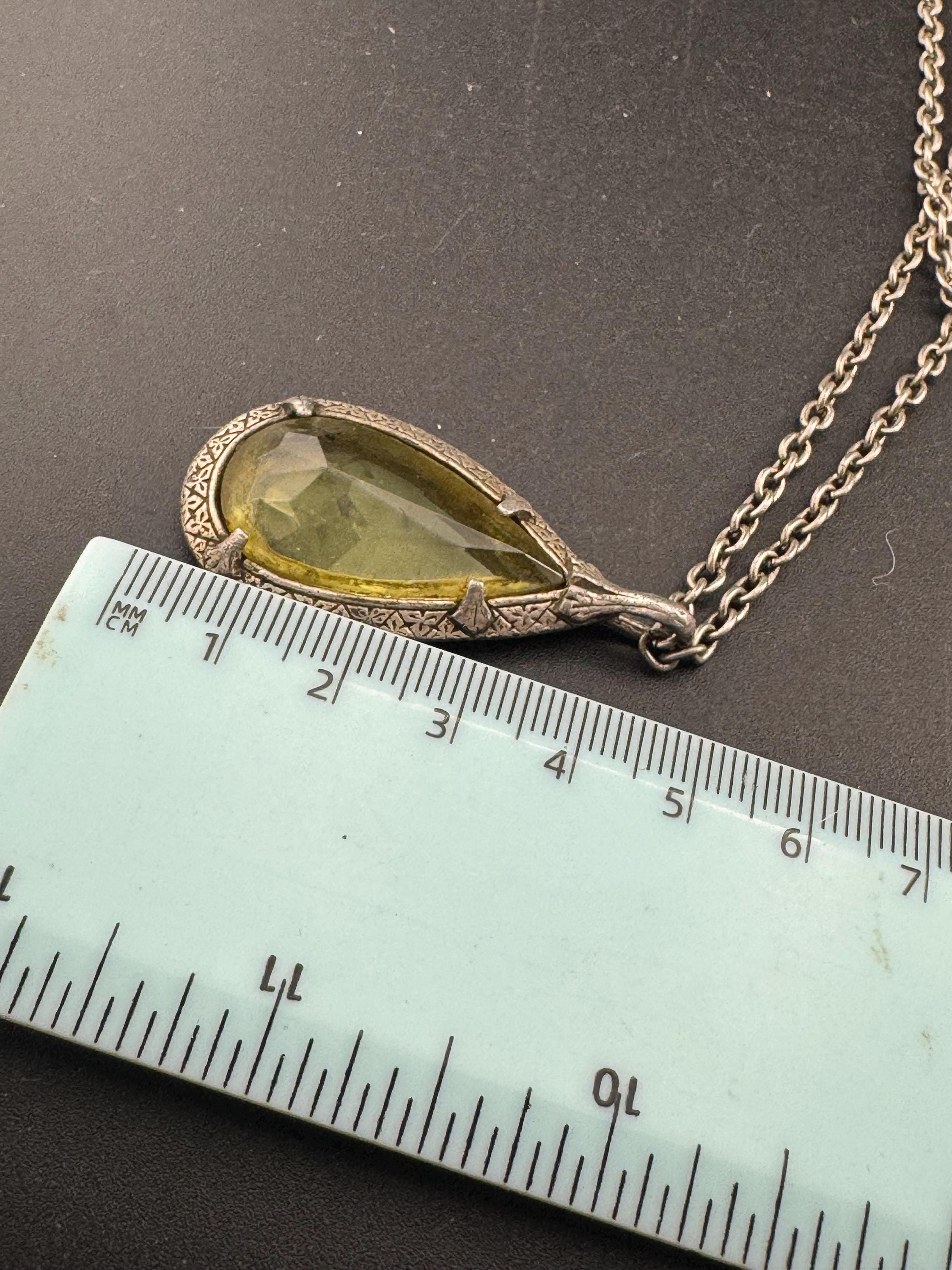 Yellow glass teardrop pendant, Scottish Celtic necklace silver tone