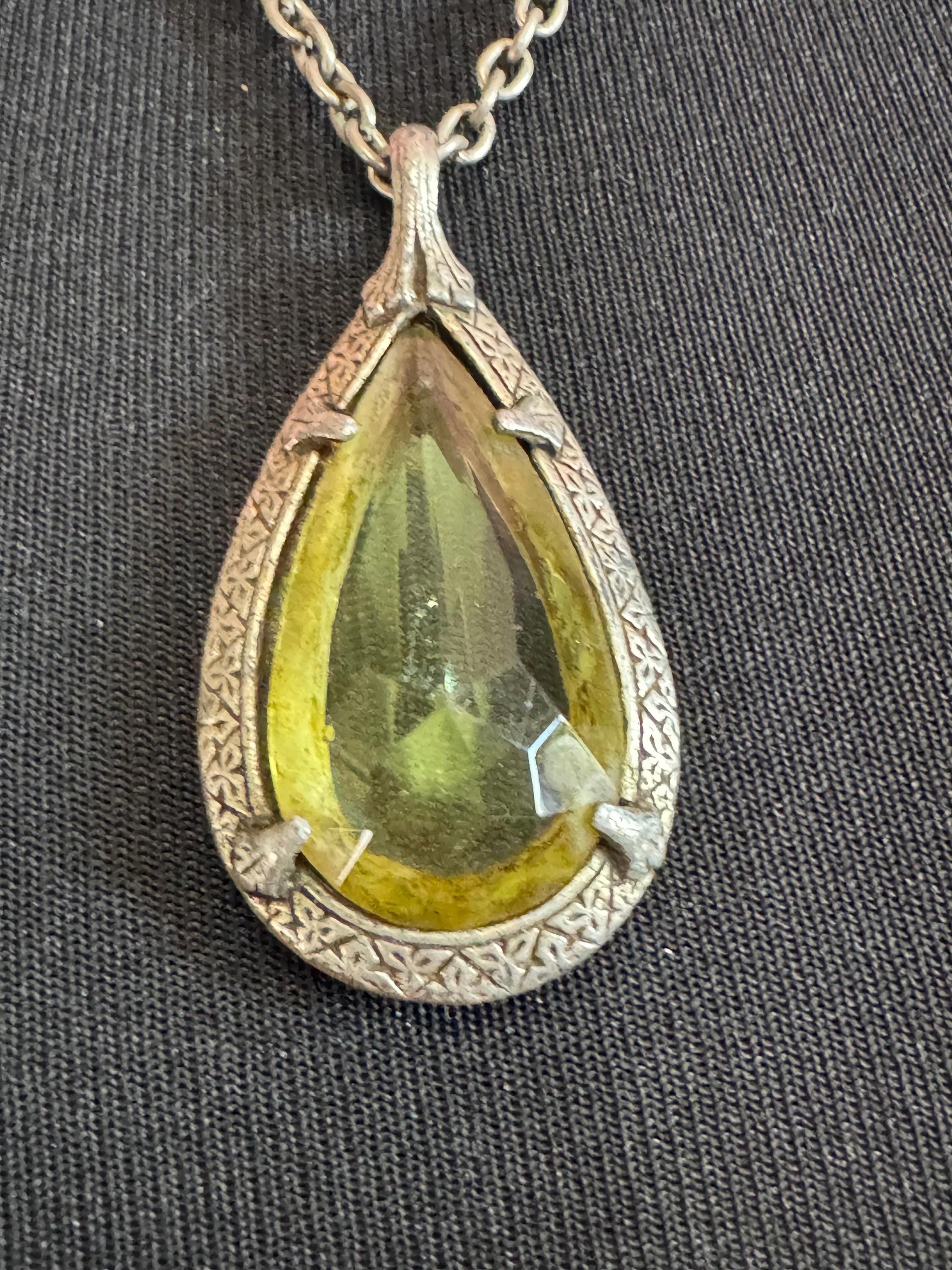 Yellow glass teardrop pendant, Scottish Celtic necklace silver tone