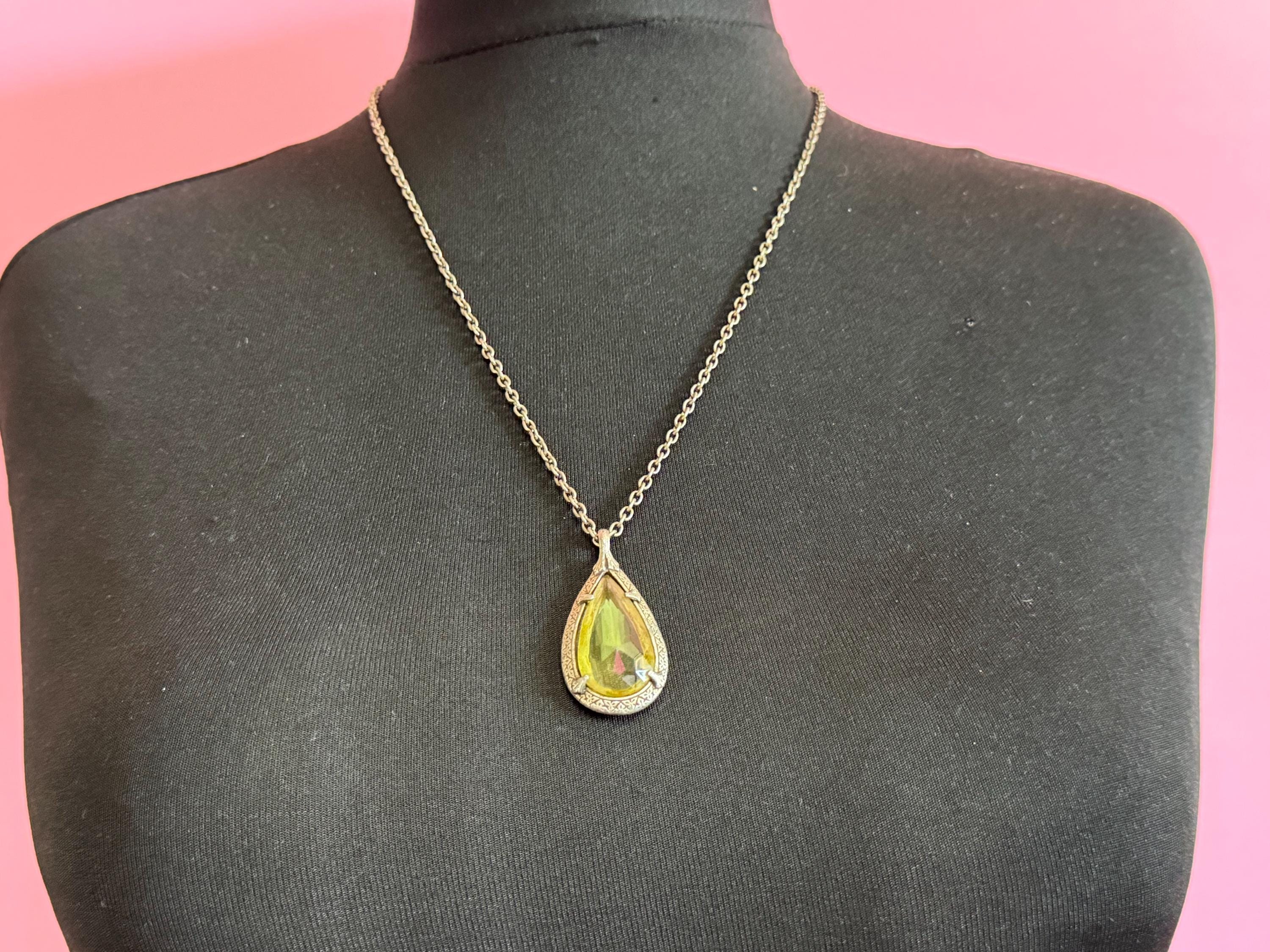 Yellow glass teardrop pendant, Scottish Celtic necklace silver tone