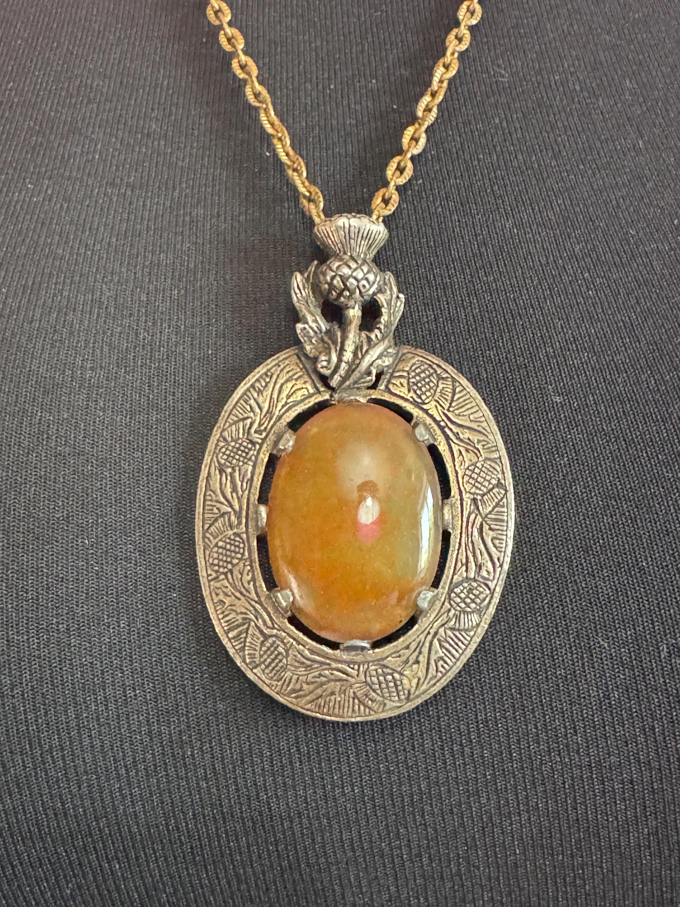 Scottish thistle silver tone brown oval Glass cabochon pendant on 62cm chain Vintage