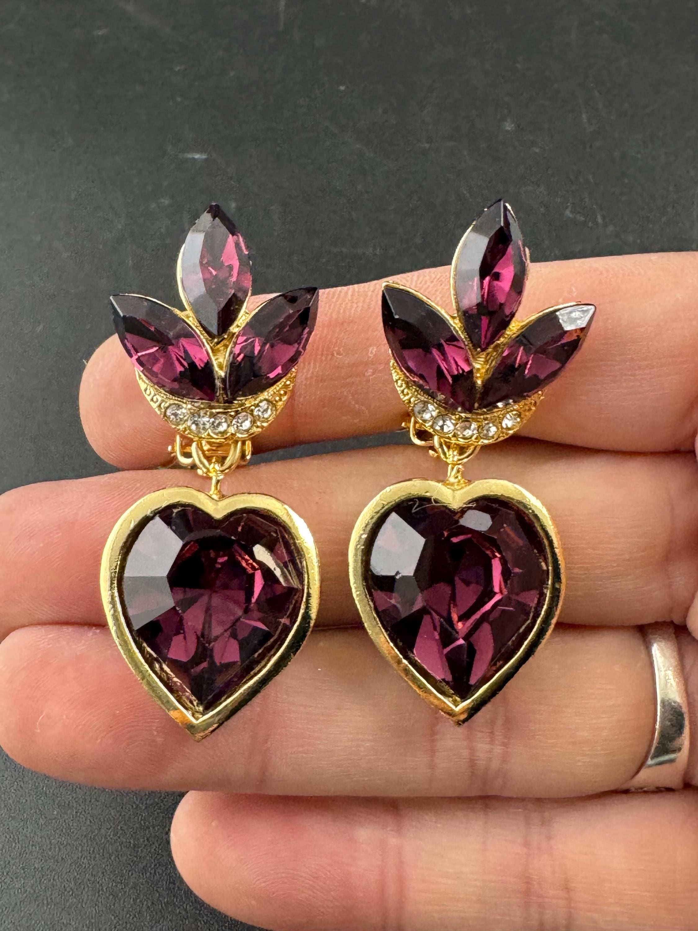Vintage 1980s Swarovski Crystal dangly Earrings: Gold Tone Purple Crystal