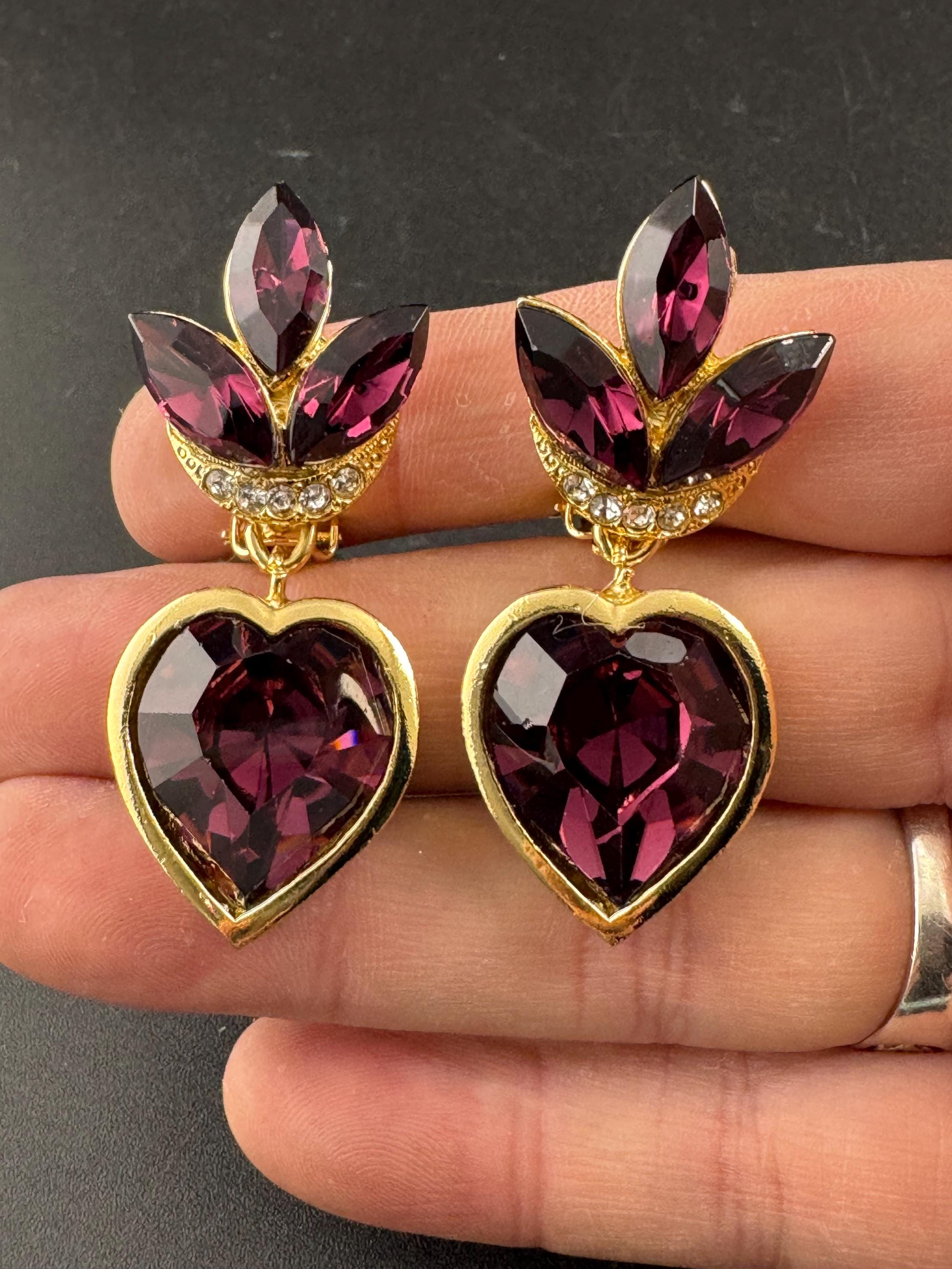 Vintage 1980s Swarovski Crystal dangly Earrings: Gold Tone Purple Crystal