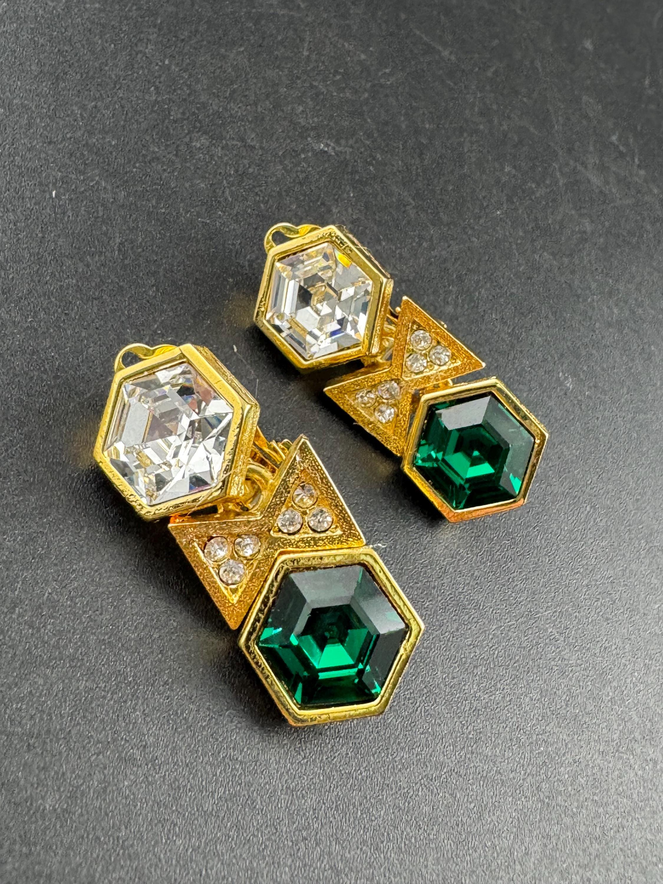 vintage emerald green and clear Swarovski crystal hexagon drop earrings, gold tone