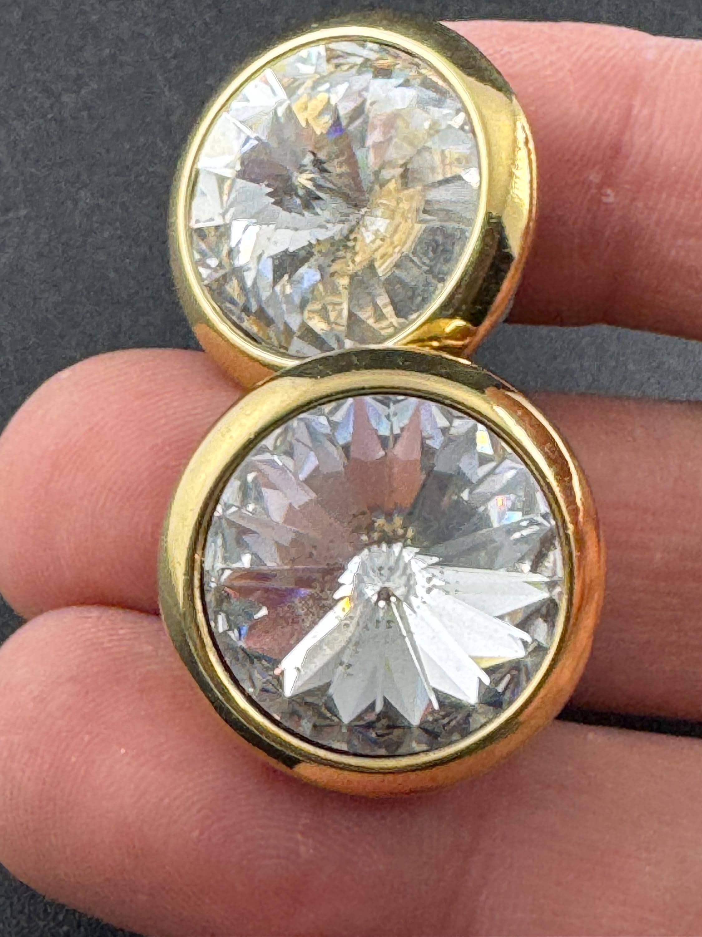 Vintage Swarovski round Stud clip on Earrings: Gold Tone Rivoli Crystal