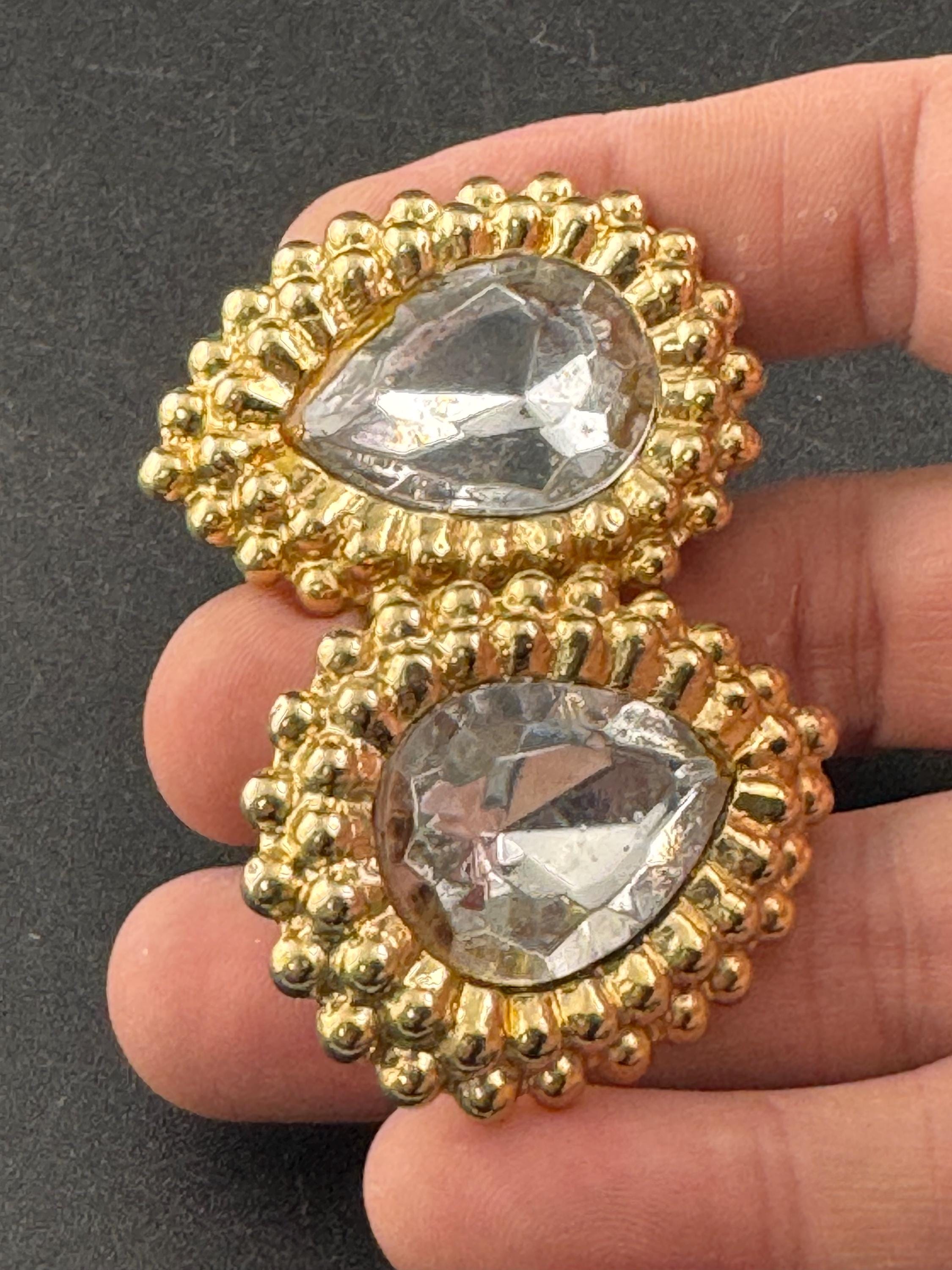 vintage oversized 4cm clear glass crystal teardrop stud earrings , gold tone