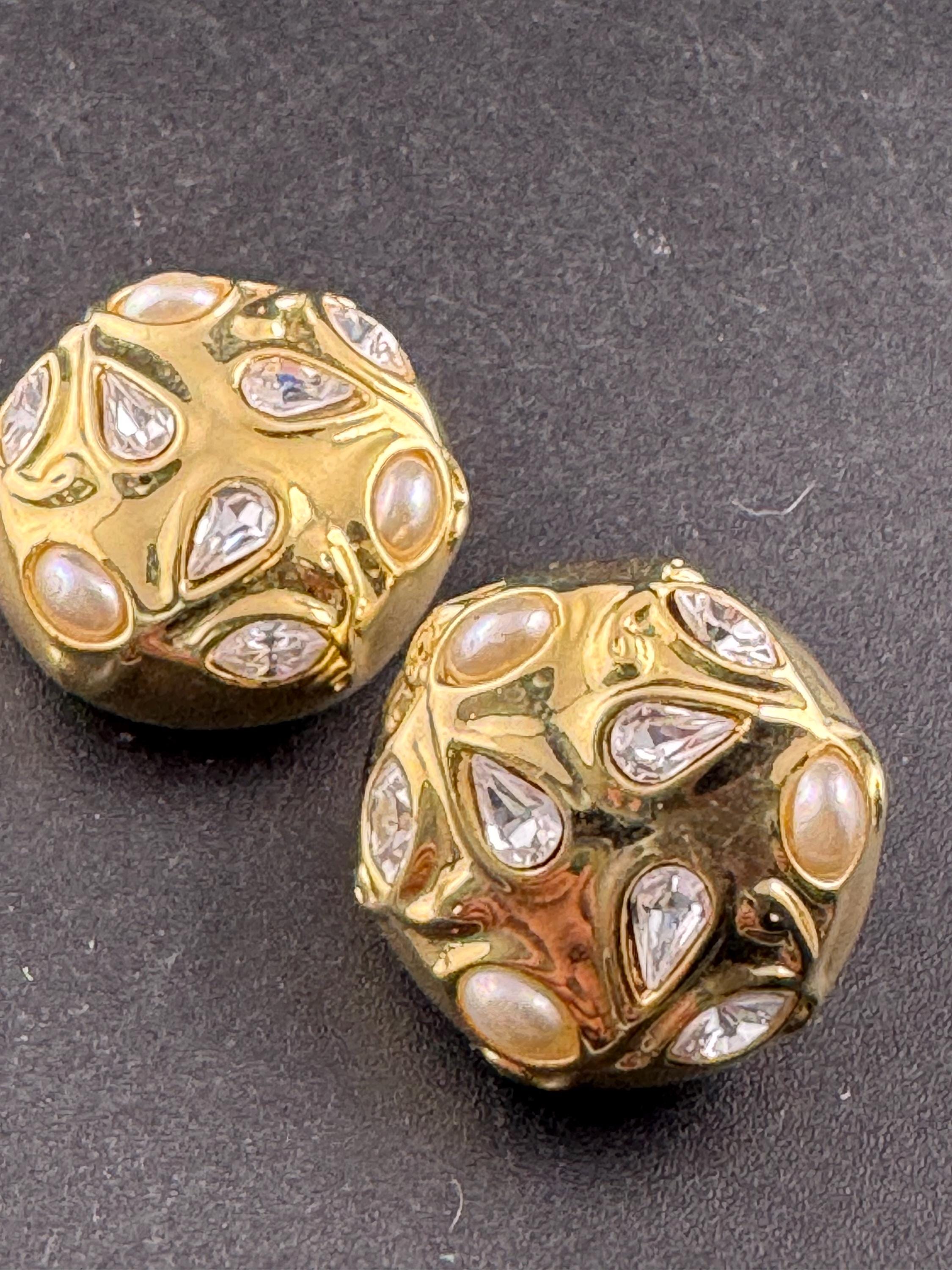 Faux pearl and Clear Diamanté paste gold tone domed Clip On Earrings