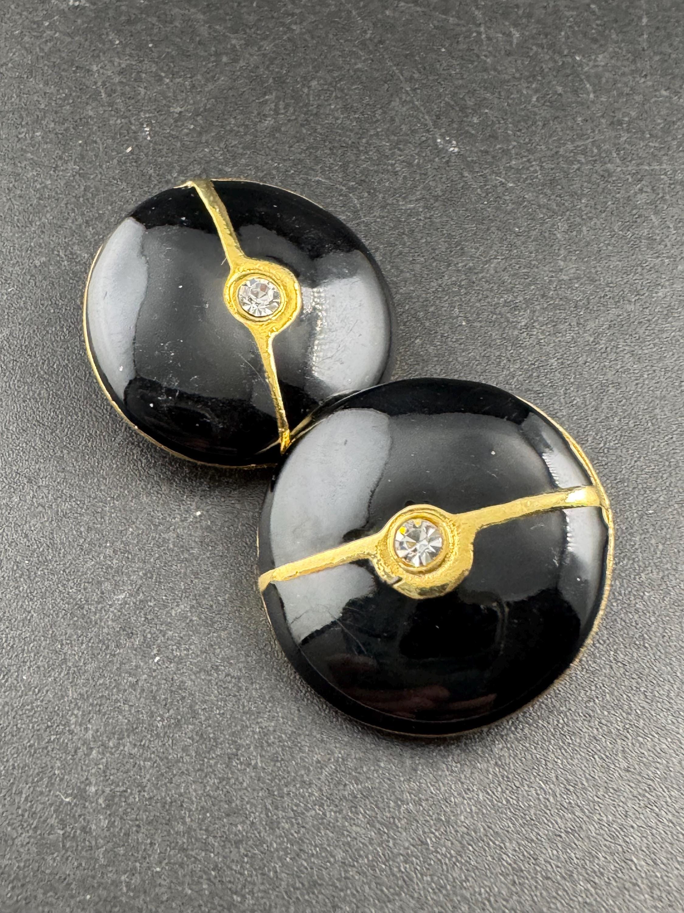 Vintage black enamel diamante and pearl clip on earrings, gold tone 1980s