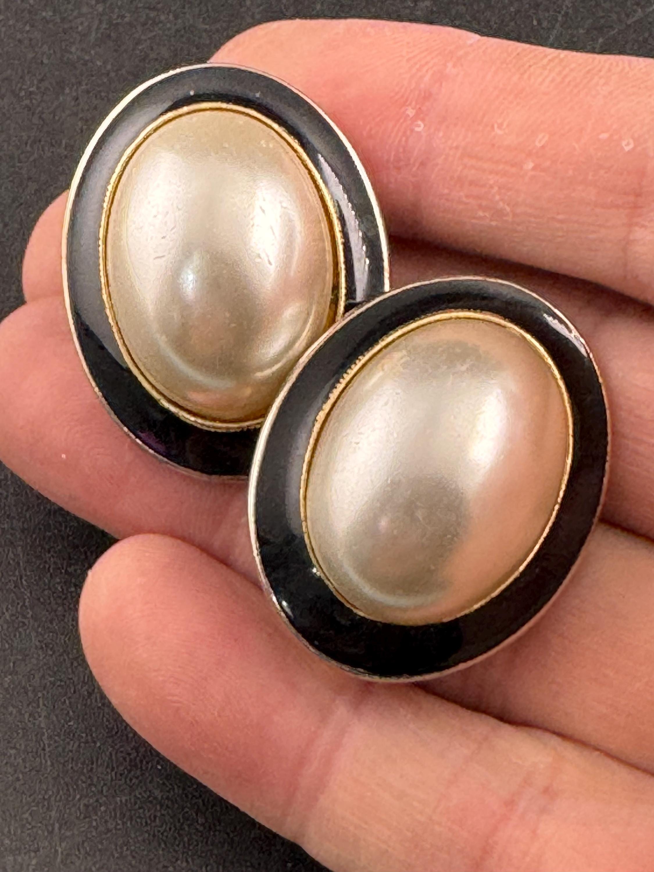 Vintage black enamel and pearl oval clip on earrings , gold tone