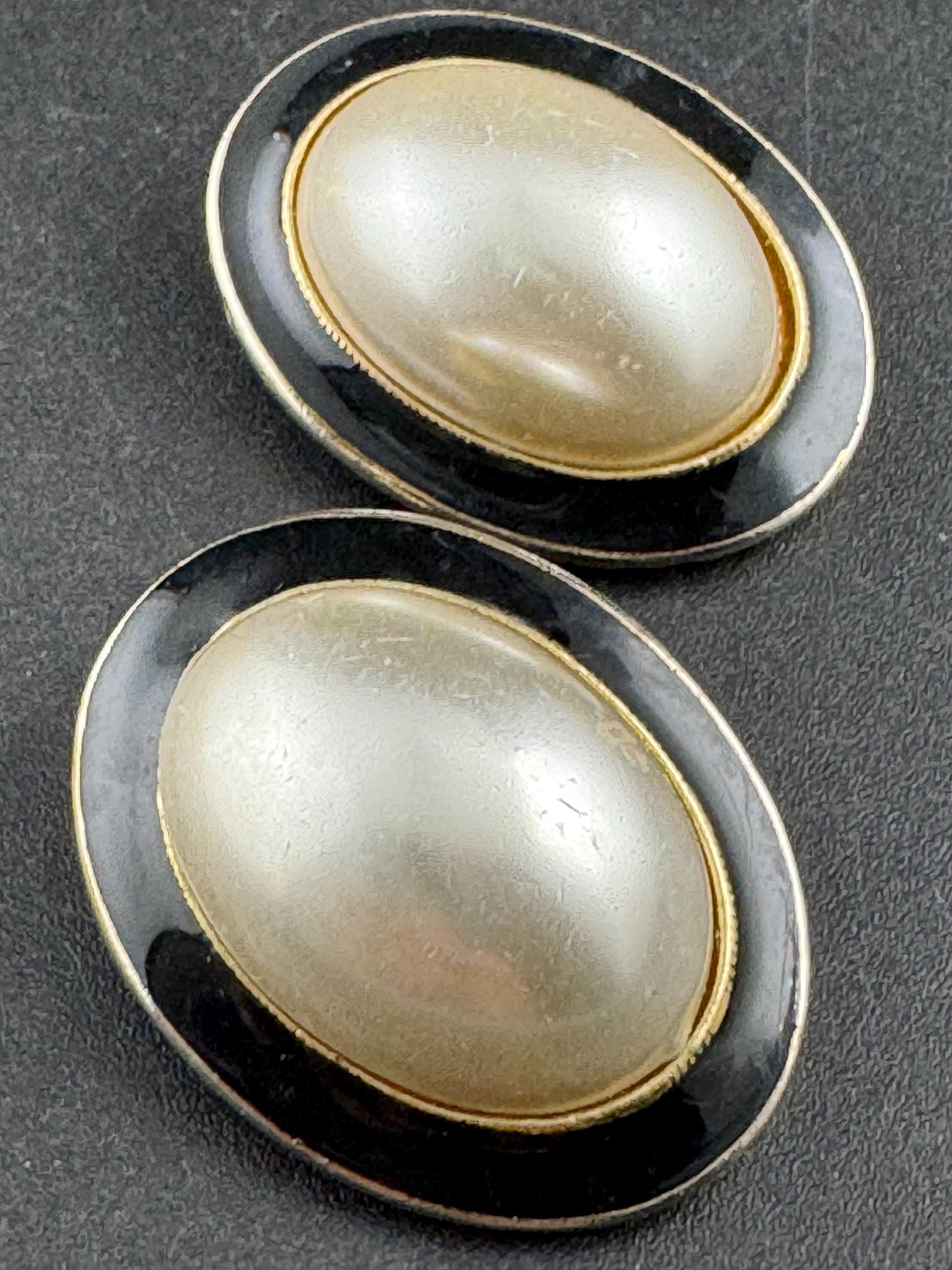 Vintage black enamel and pearl oval clip on earrings , gold tone