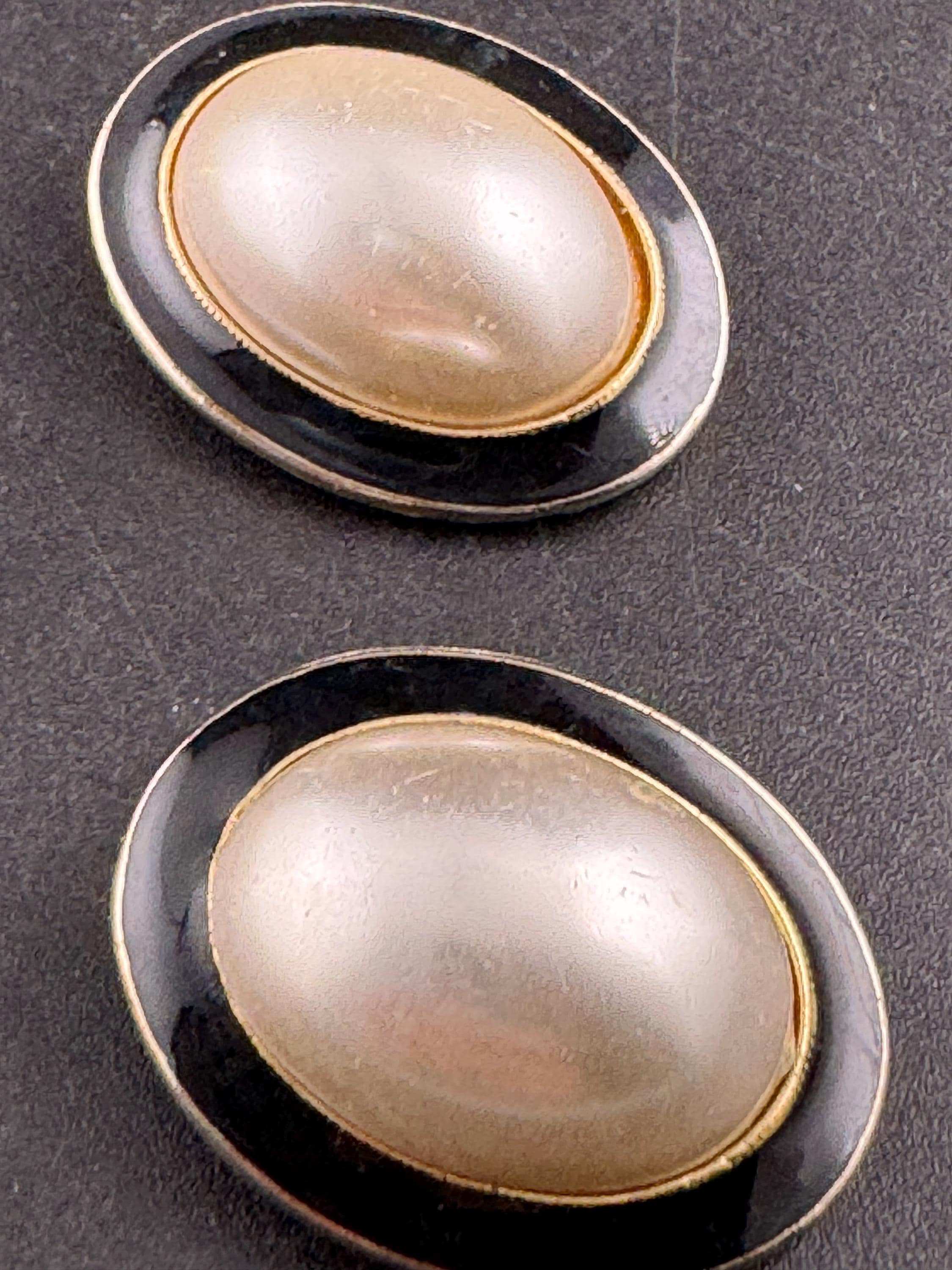 Vintage black enamel and pearl oval clip on earrings , gold tone