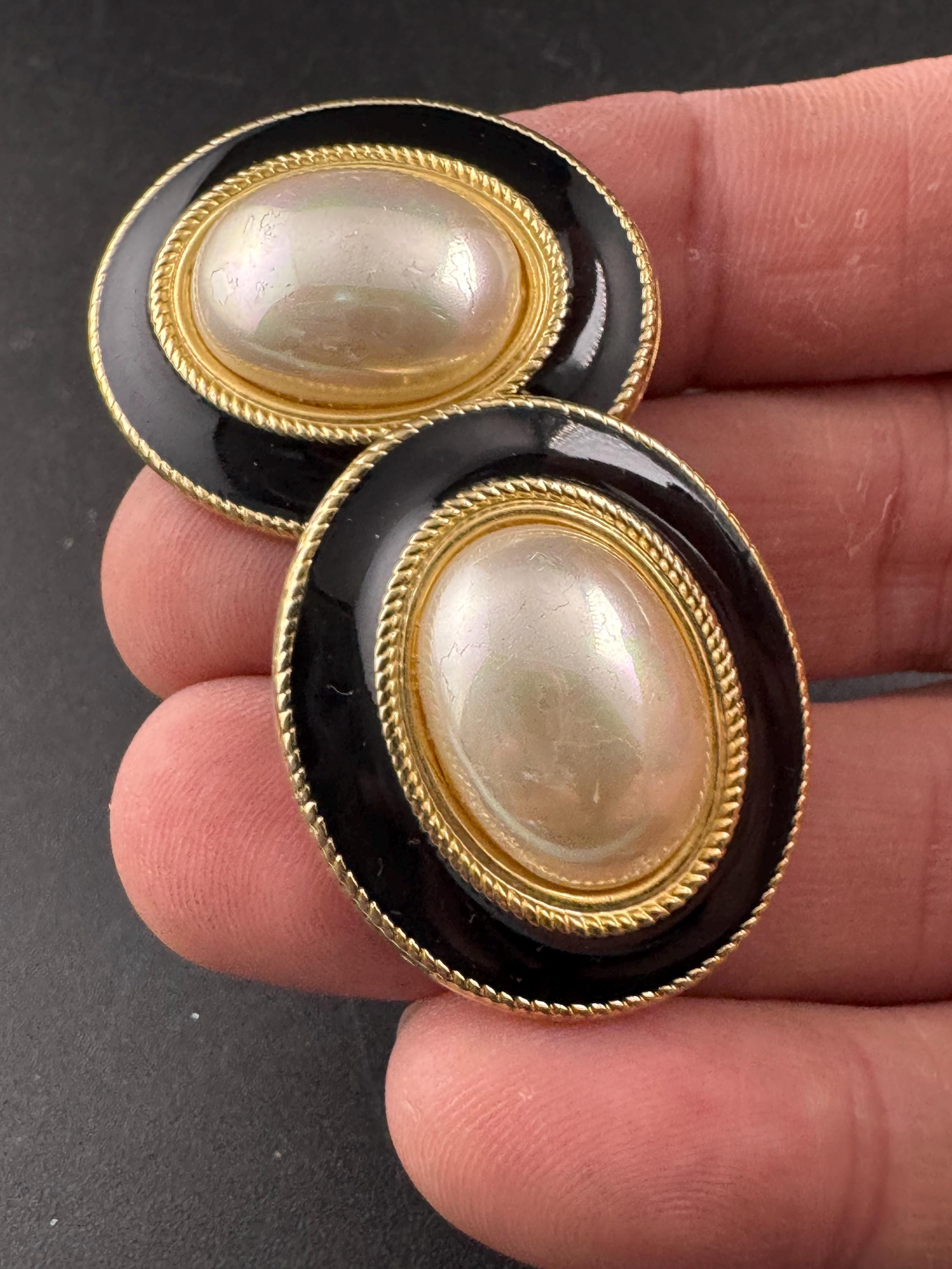 Vintage black enamel and pearl oval clip on earrings , gold tone