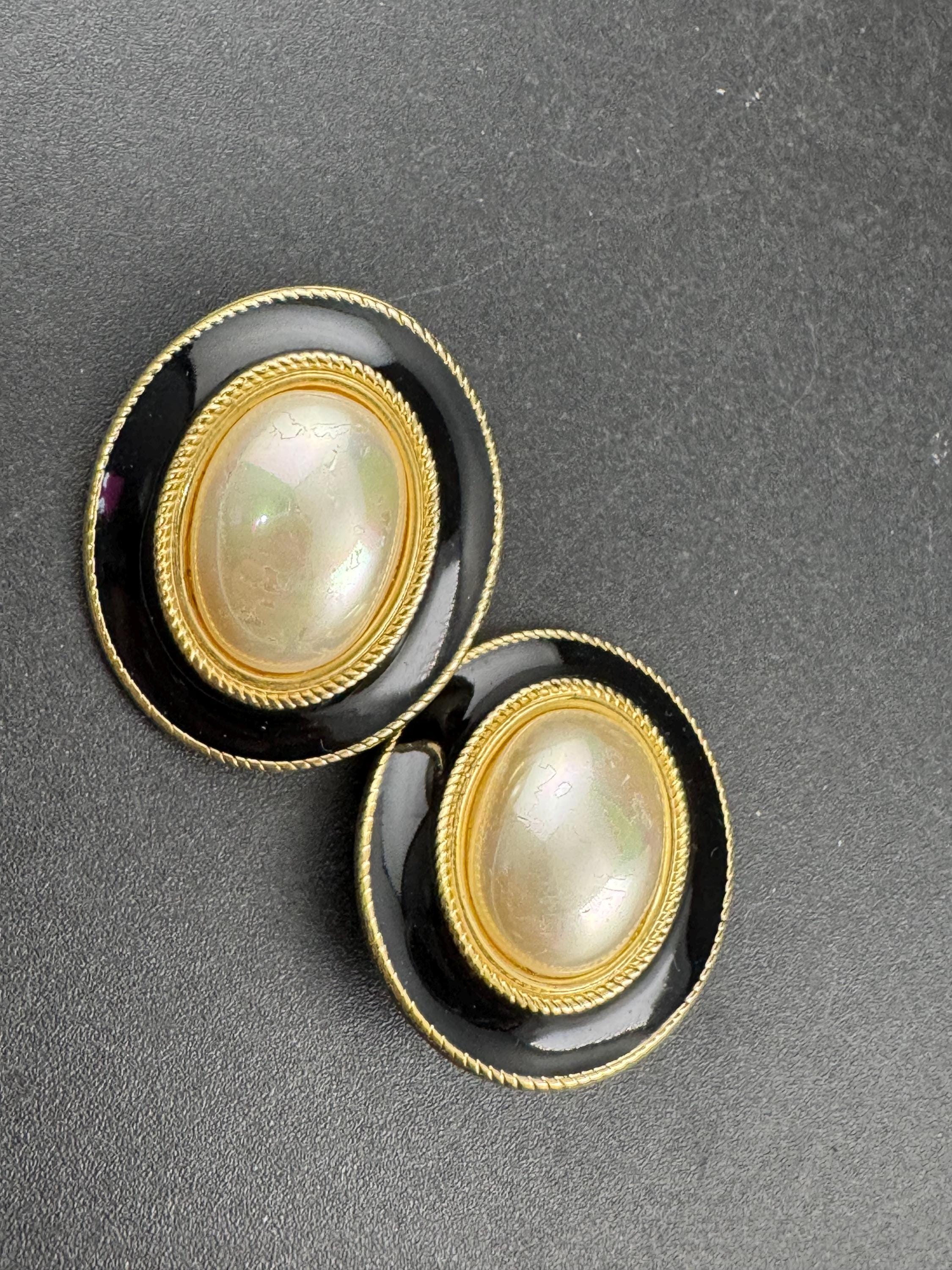 Vintage black enamel and pearl oval clip on earrings , gold tone