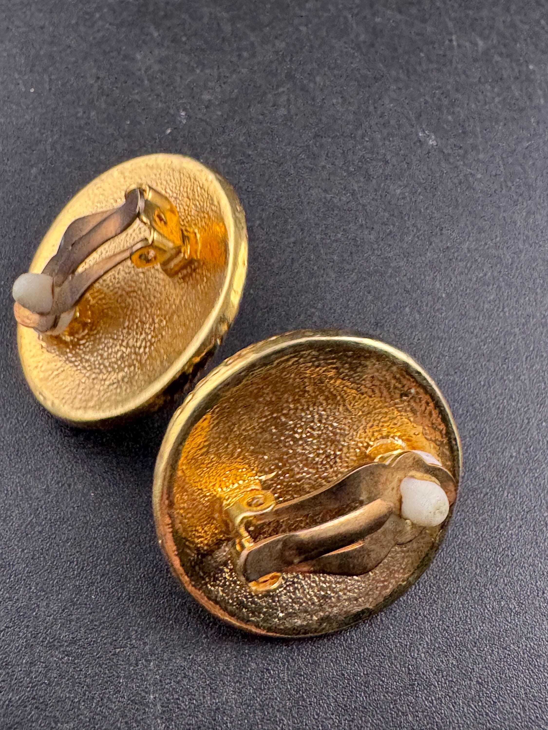 Vintage black and cream enamel and pearl oval clip on earrings , gold tone