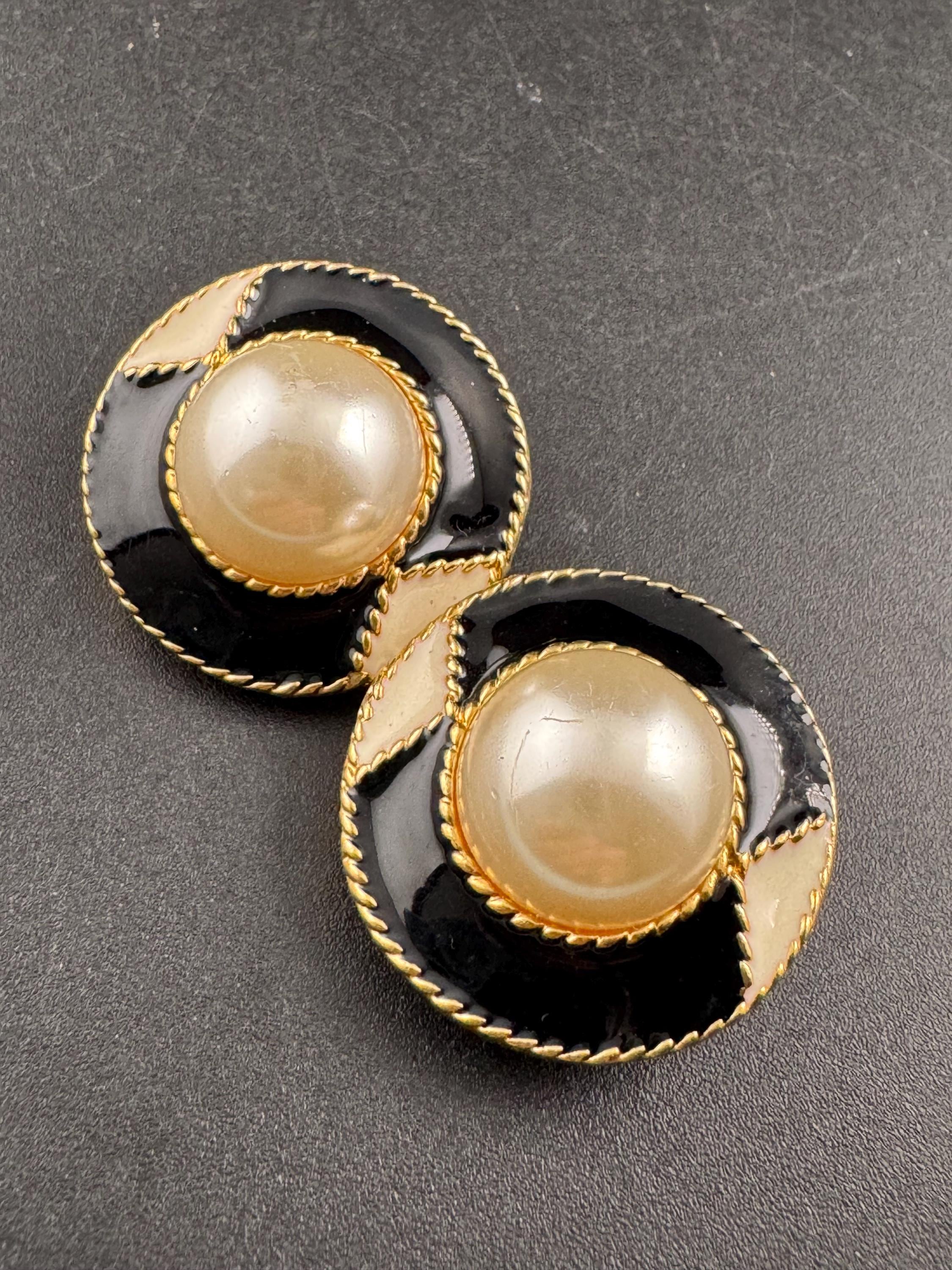 Vintage black and cream enamel and pearl oval clip on earrings , gold tone