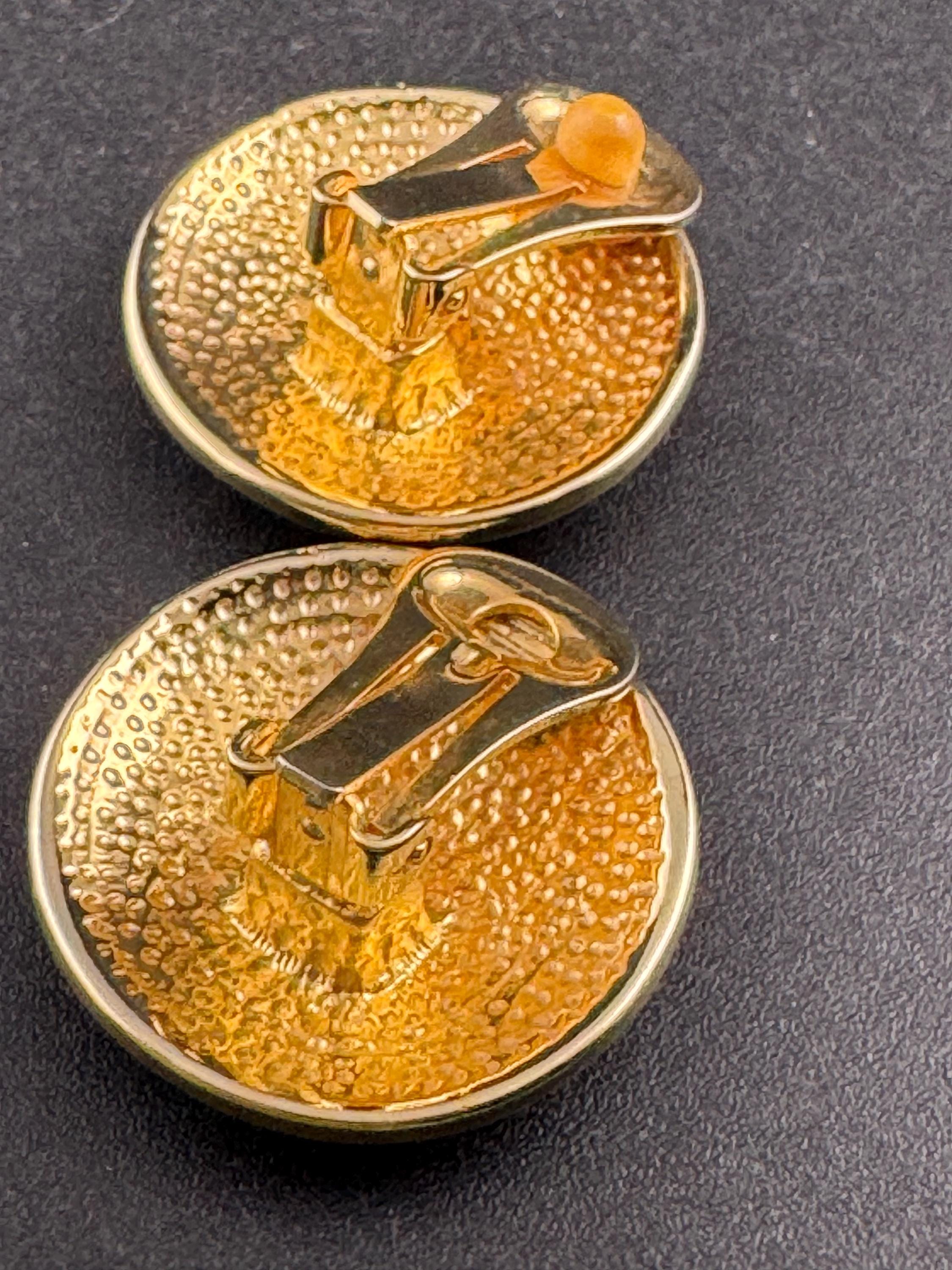 Gold tone teal green enamel round stud clip on earrings, Vintage