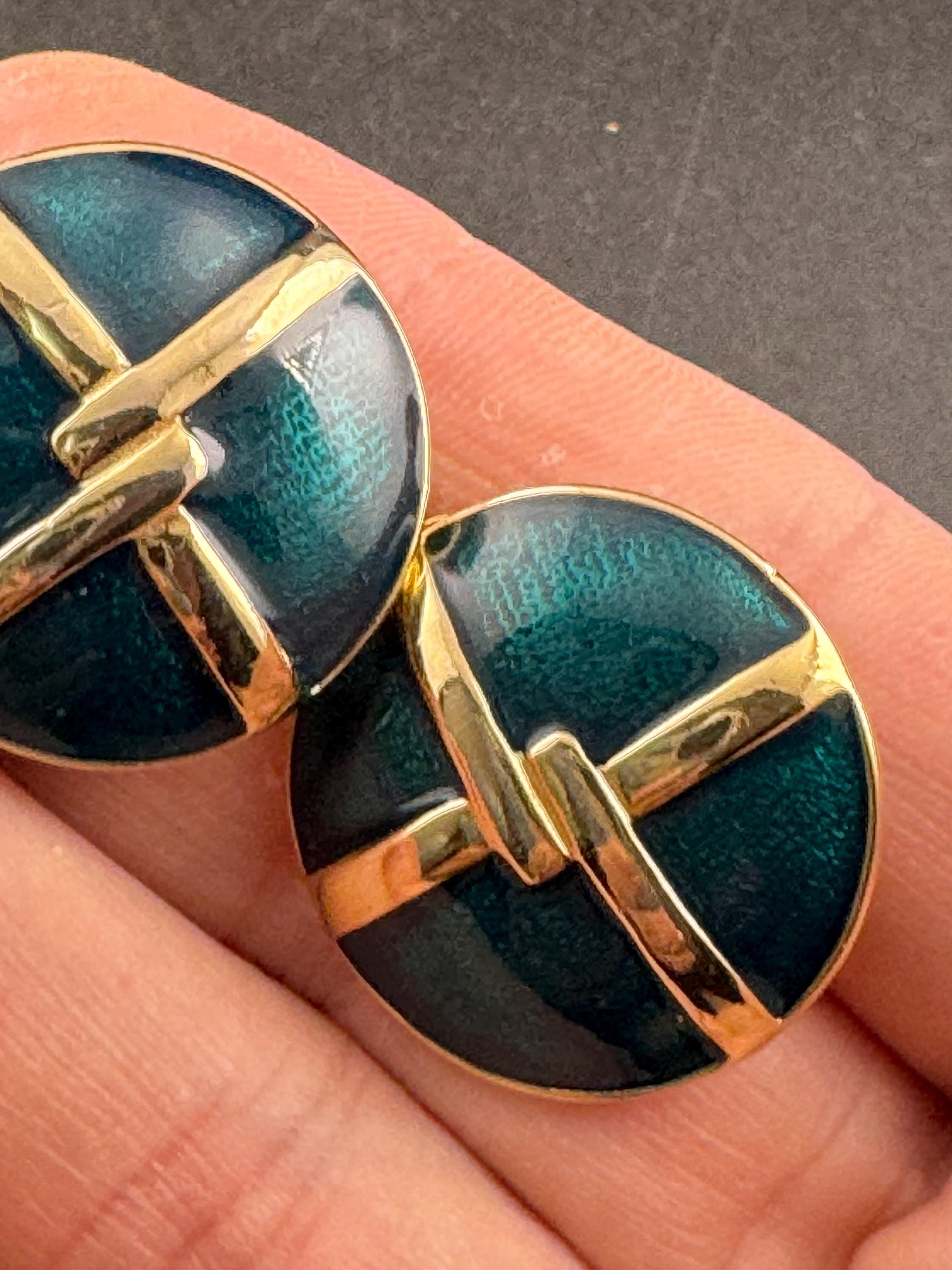 Gold tone teal green enamel round stud clip on earrings, Vintage