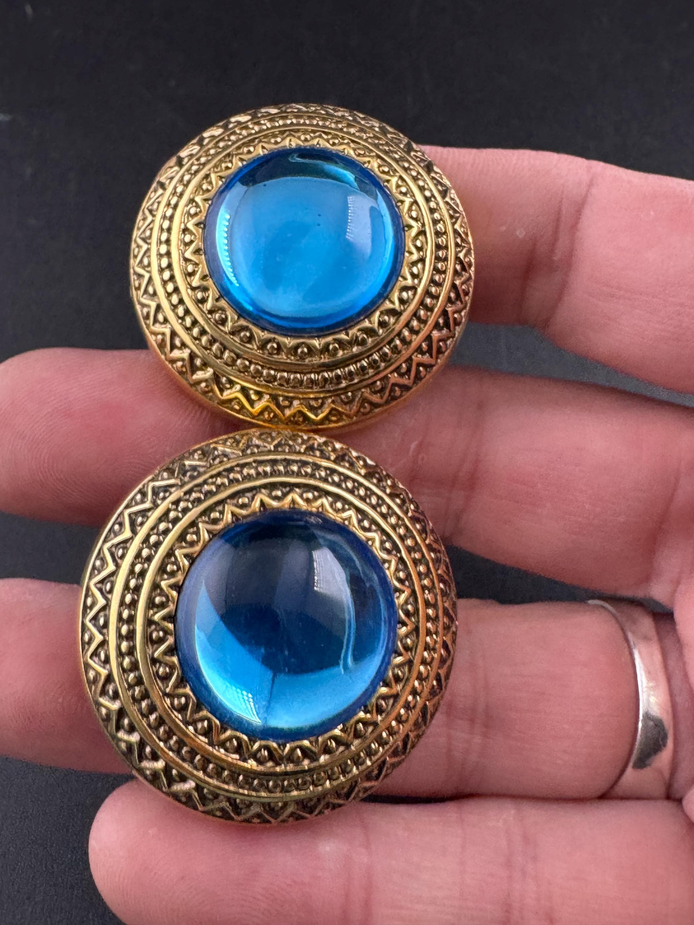 West Germany Gold Clip On Earrings: bright blue Acrylic Cabochon, 1990s