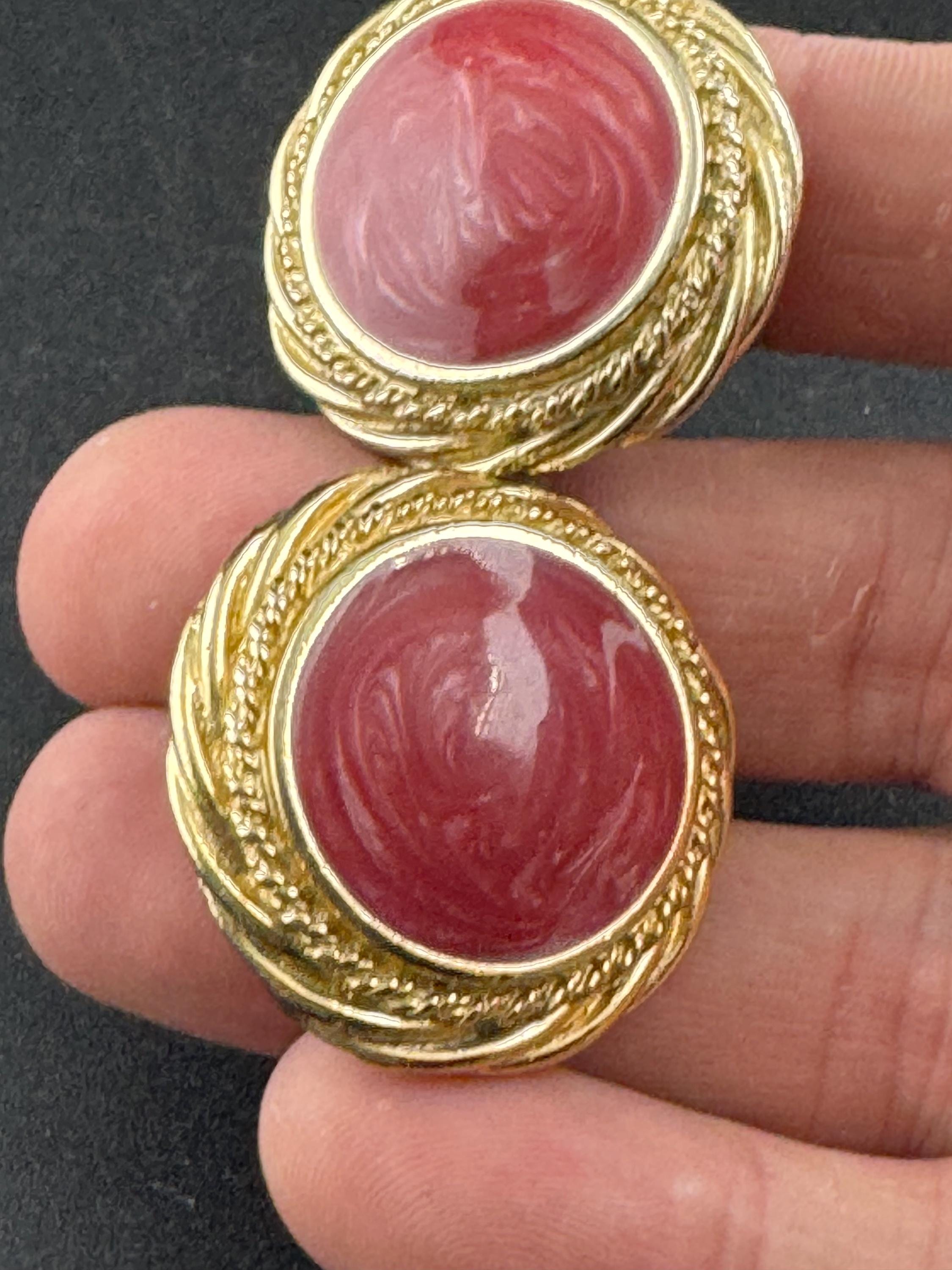 Vintage dusky pink enamel large disc clip on earrings , gold tone