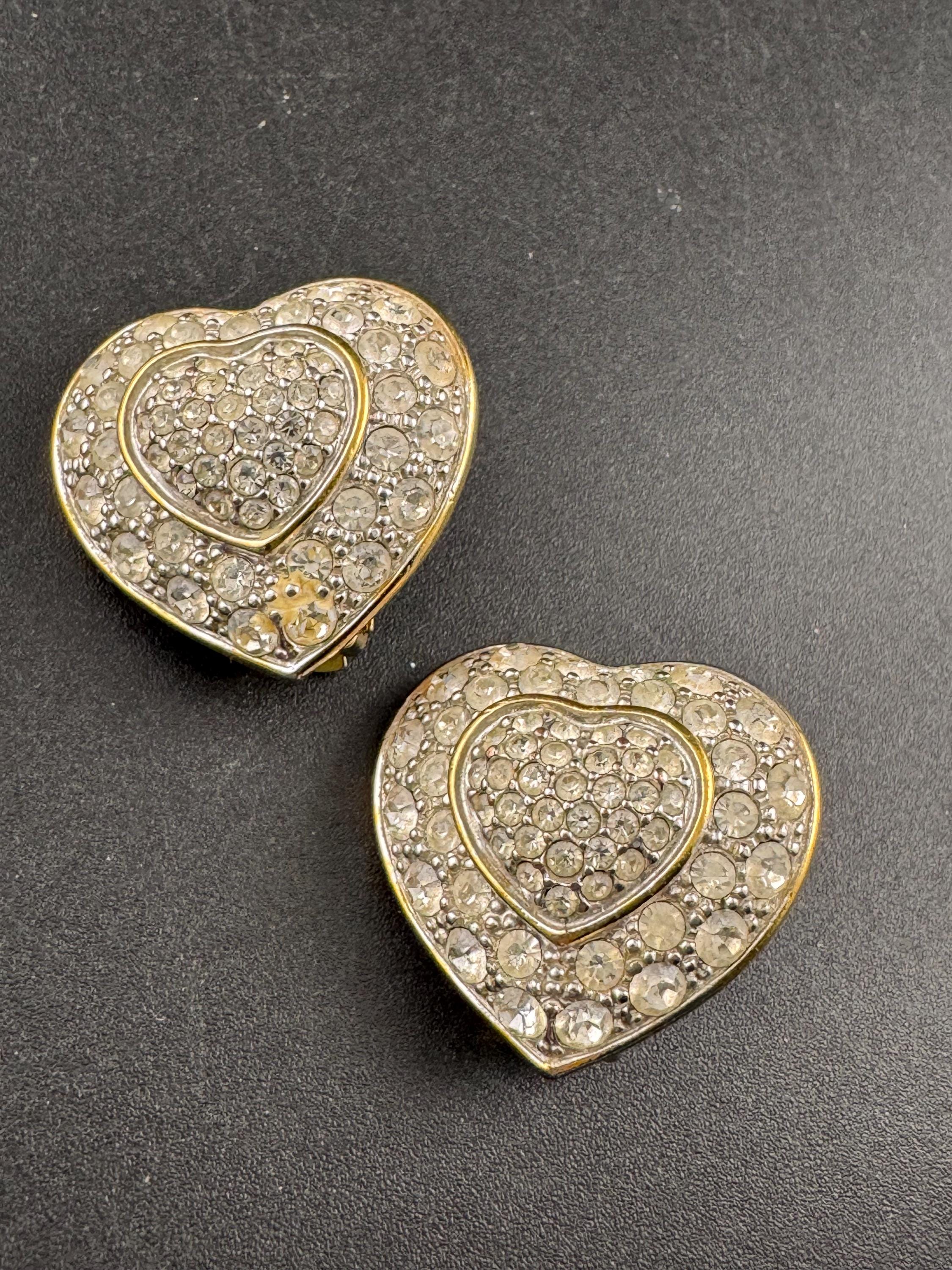 Vintage 1980s clear Crystal Heart oversized clip on Earrings:  gold Tone