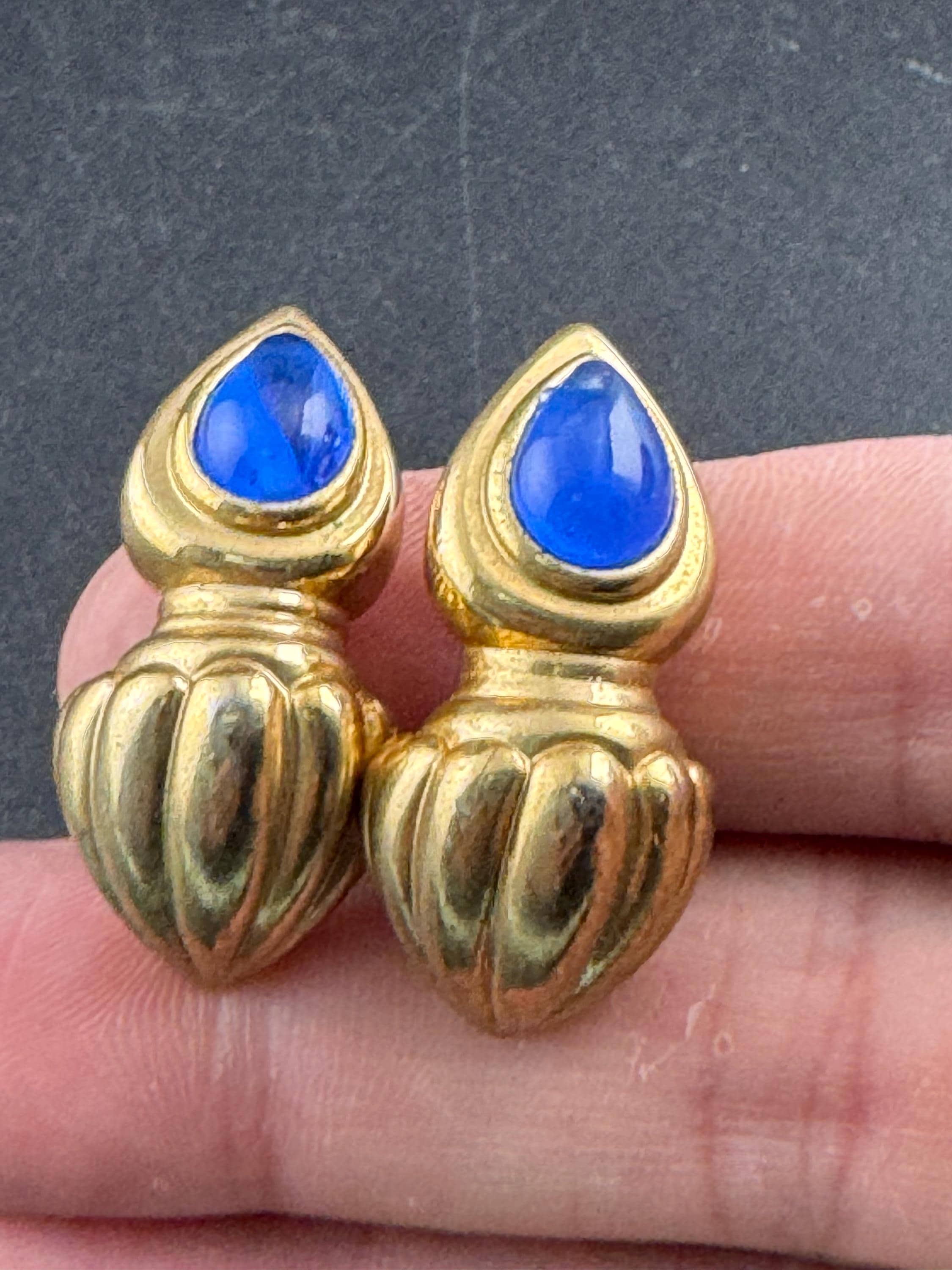 Vintage 1980s cabochon Clip On Earrings: Sapphire Blue Glass Gripoix style