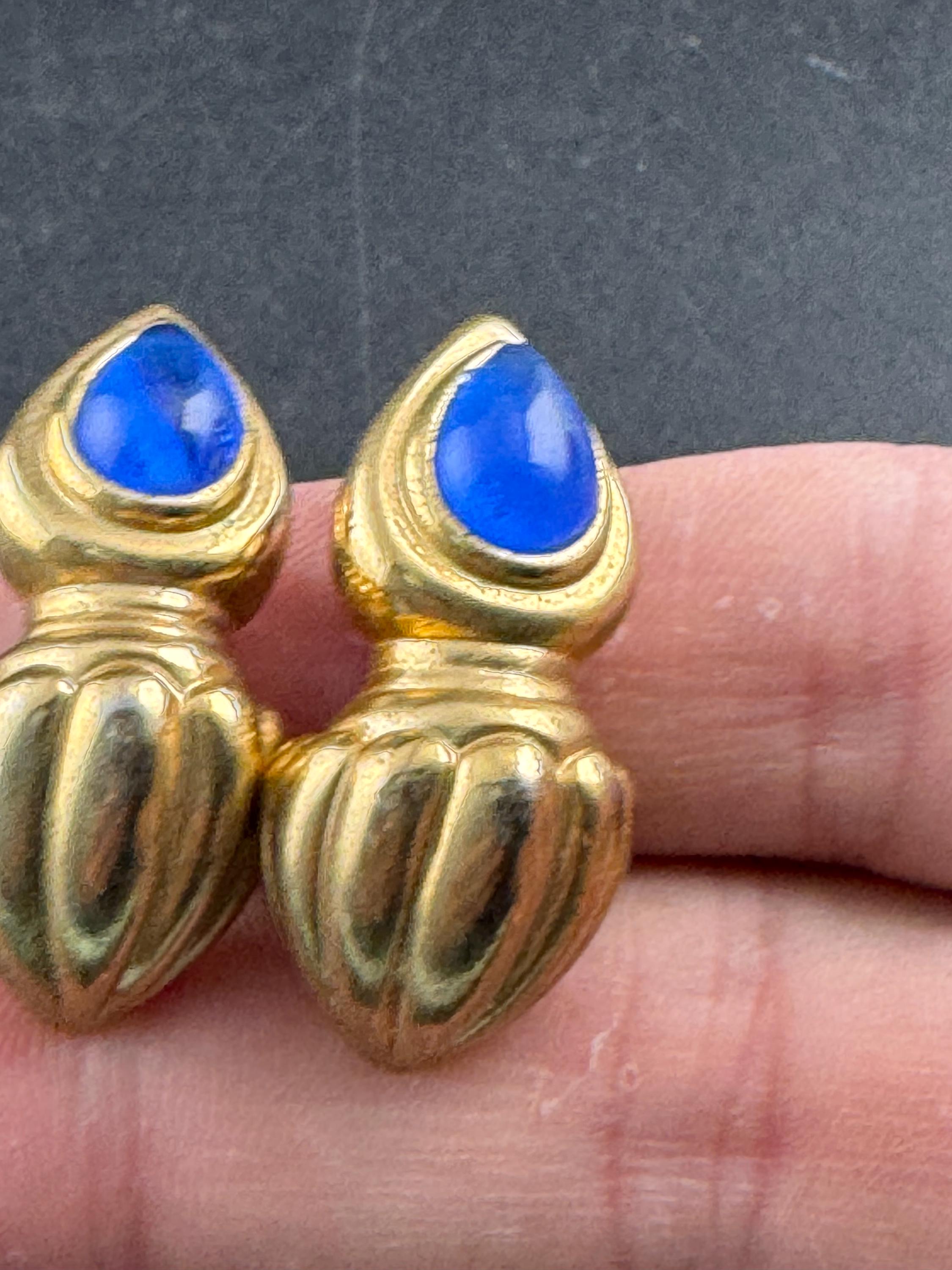 Vintage 1980s cabochon Clip On Earrings: Sapphire Blue Glass Gripoix style