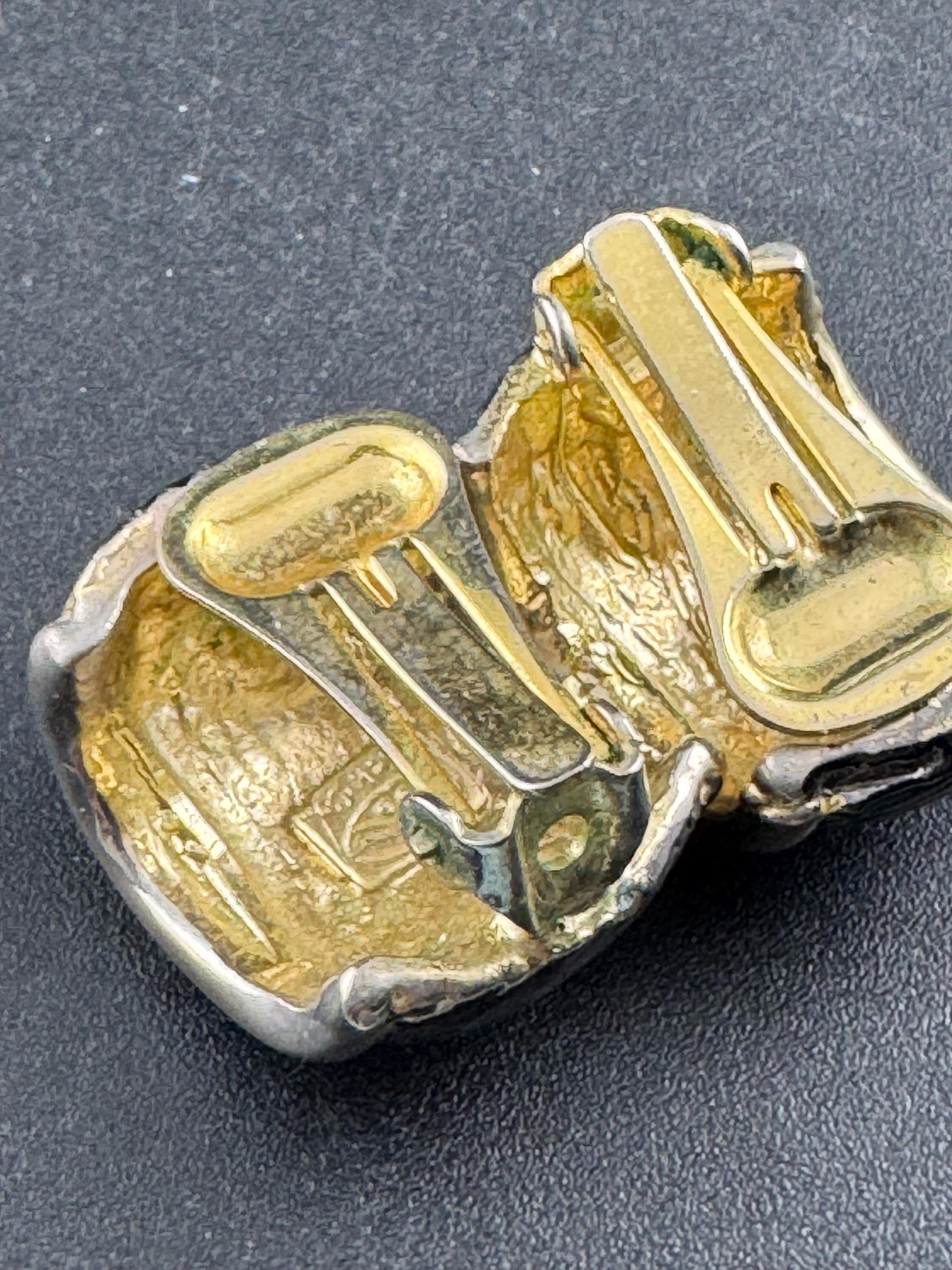 Signed Dick Co Gold and dark grey Tone half hoop Clip On Earrings