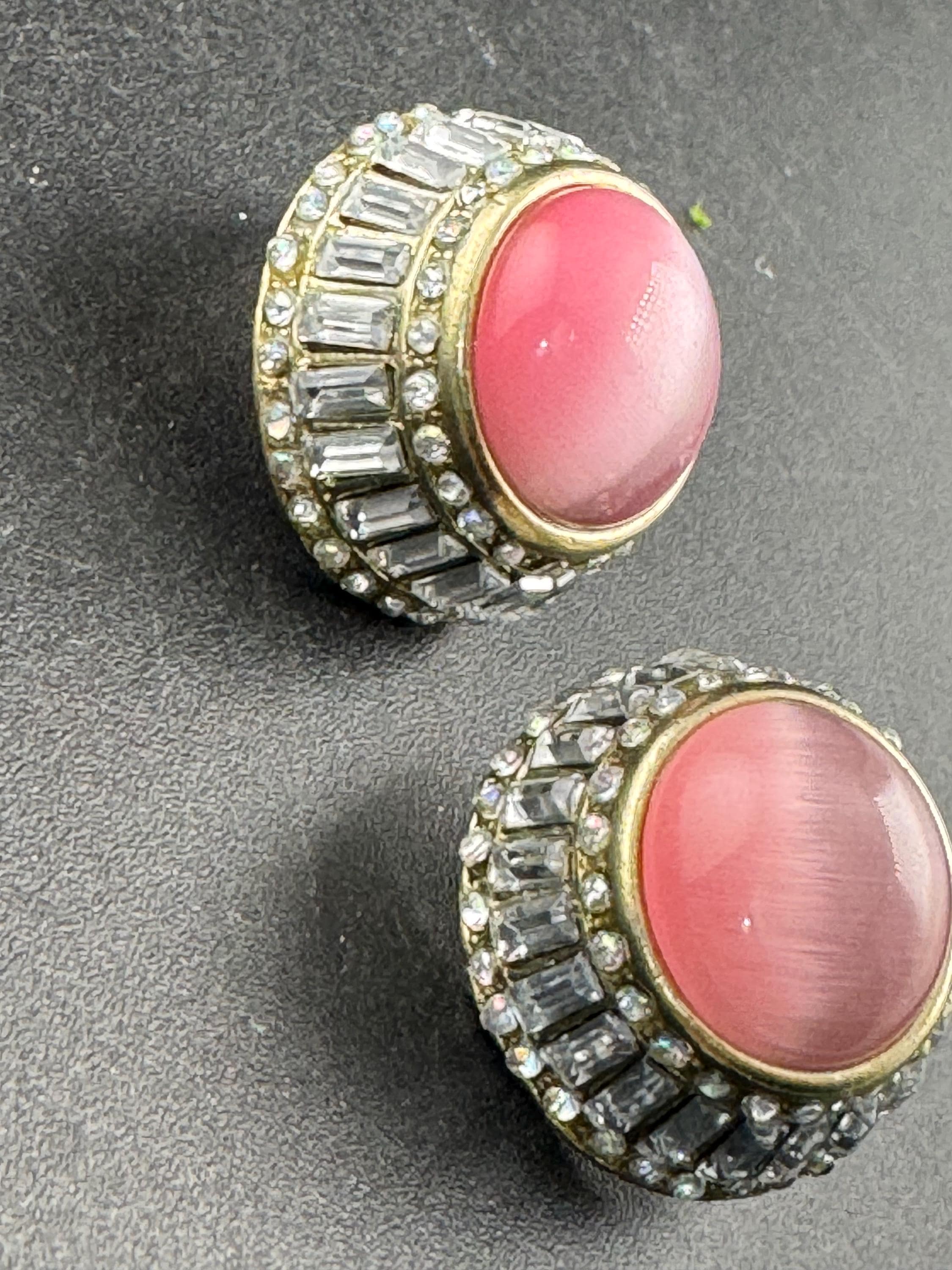 Pink glass cabochon, baguette crystal domed stud earrings, pierced ears