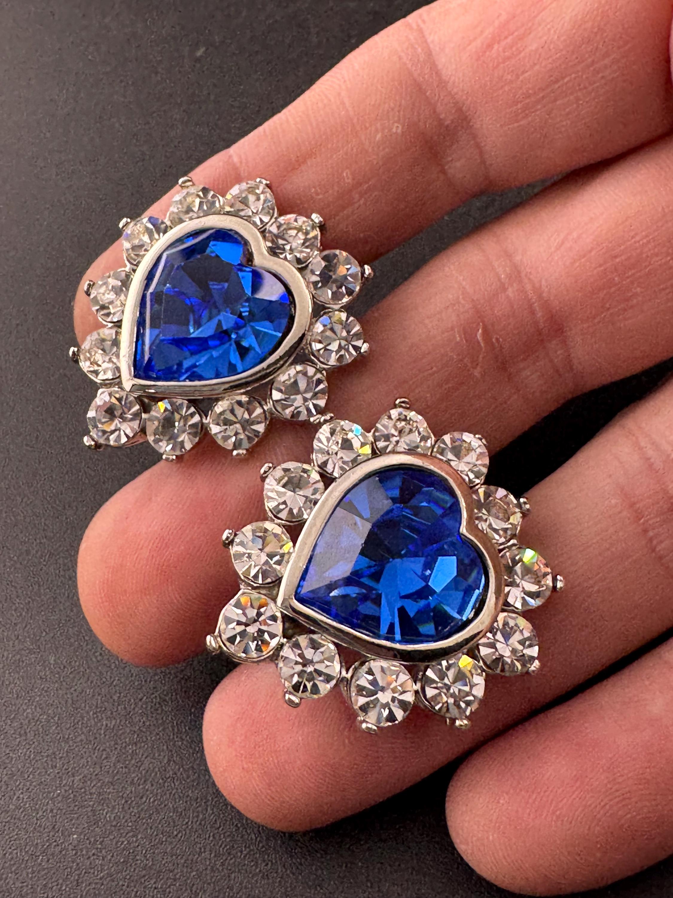Vintage 1980s Swarovski Crystal Heart Earrings: Sapphire Blue, Silver Tone