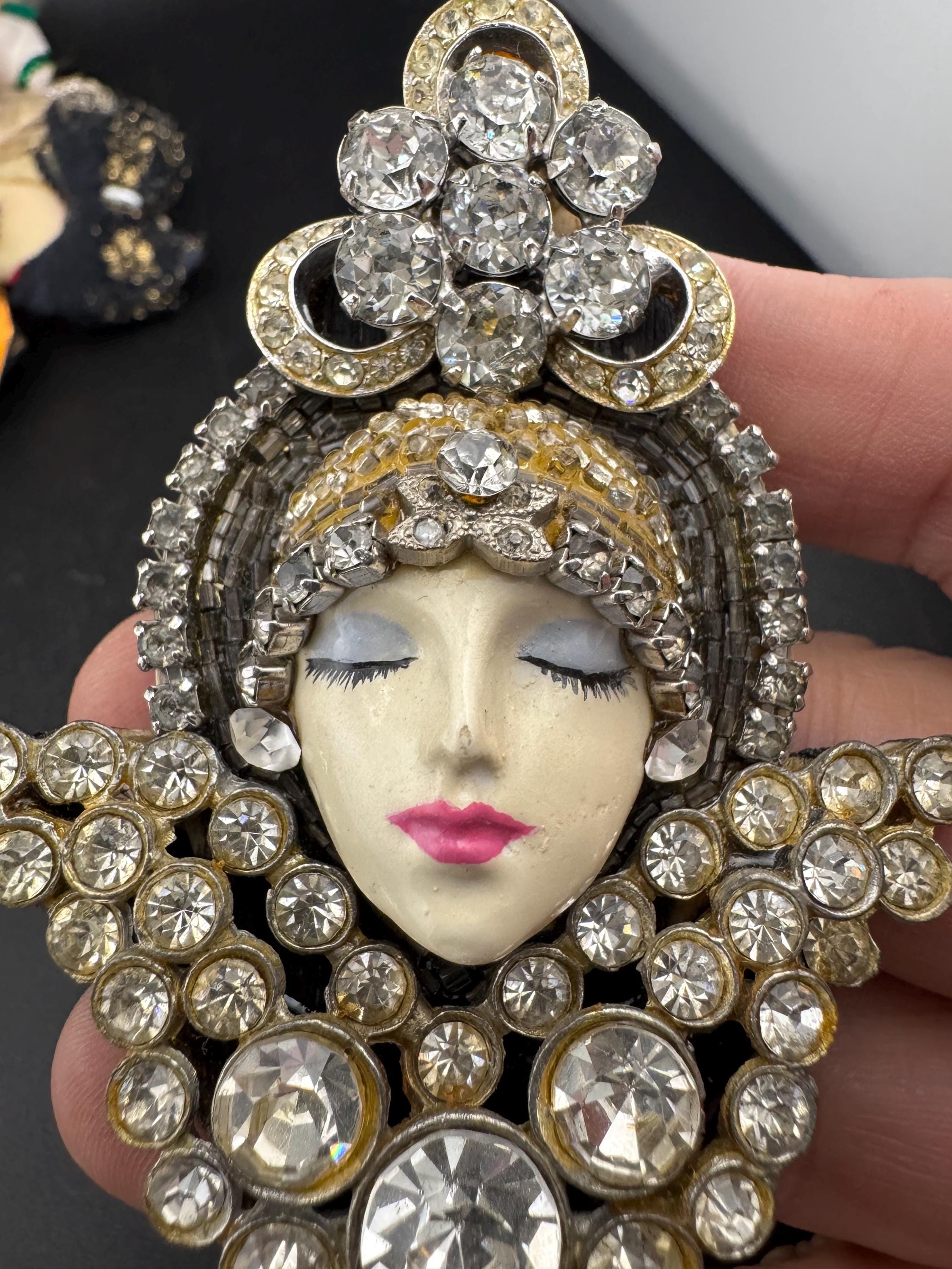 Oversized vintage signed rhinestone flapper face brooch , art deco lady pin