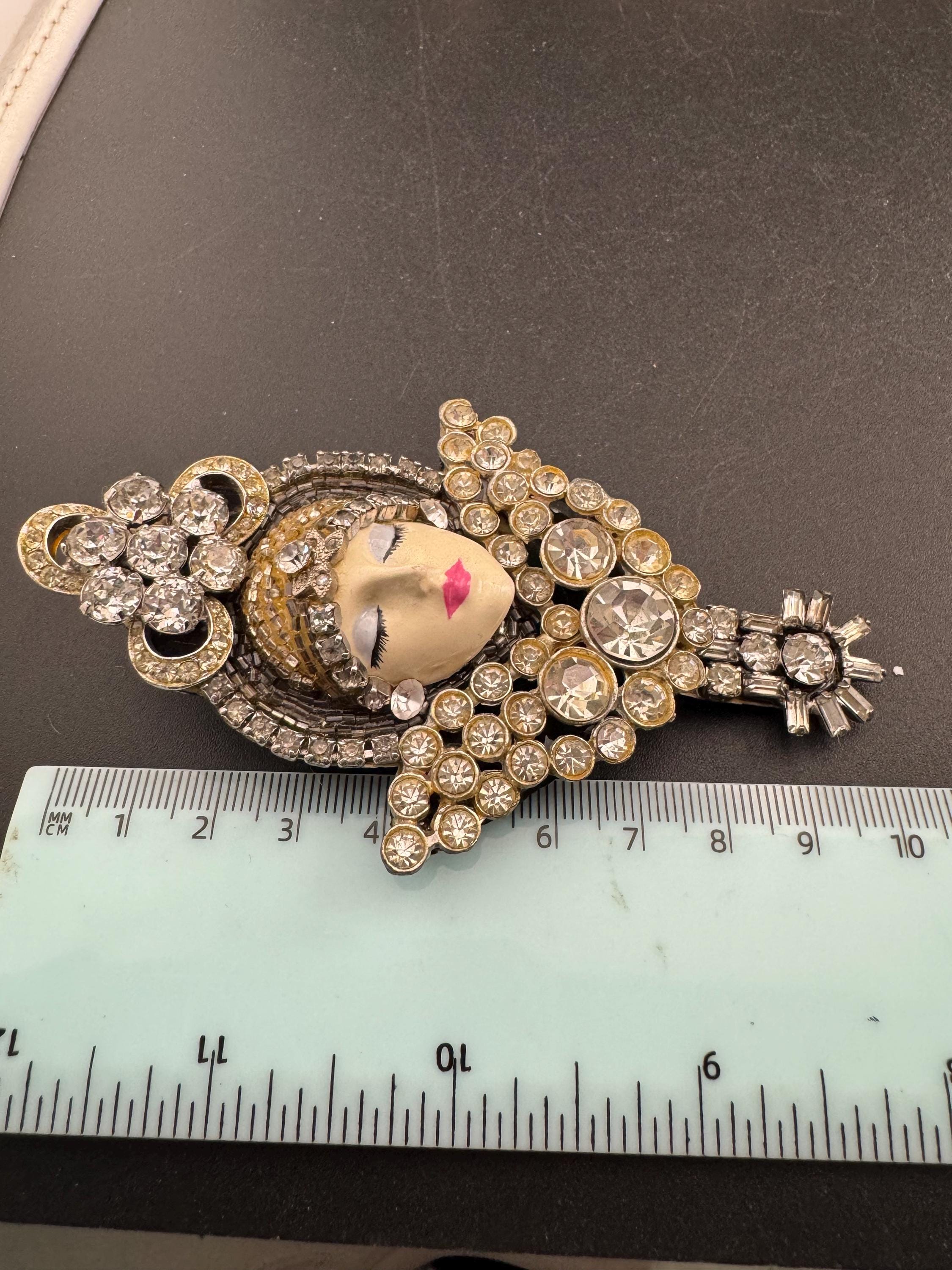 Oversized vintage signed rhinestone flapper face brooch , art deco lady pin