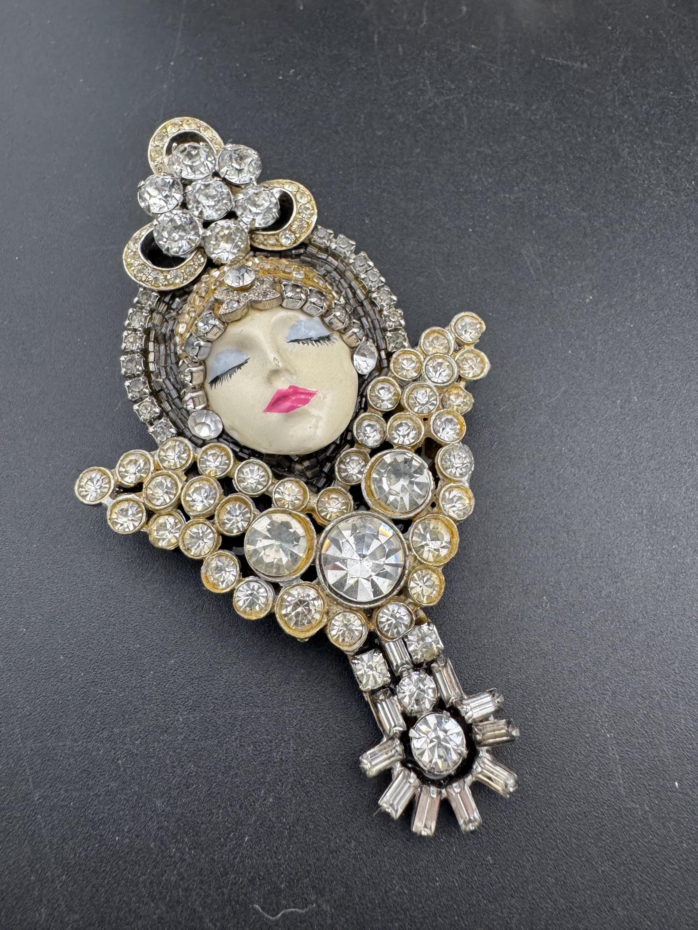 Oversized vintage signed rhinestone flapper face brooch , art deco lady pin