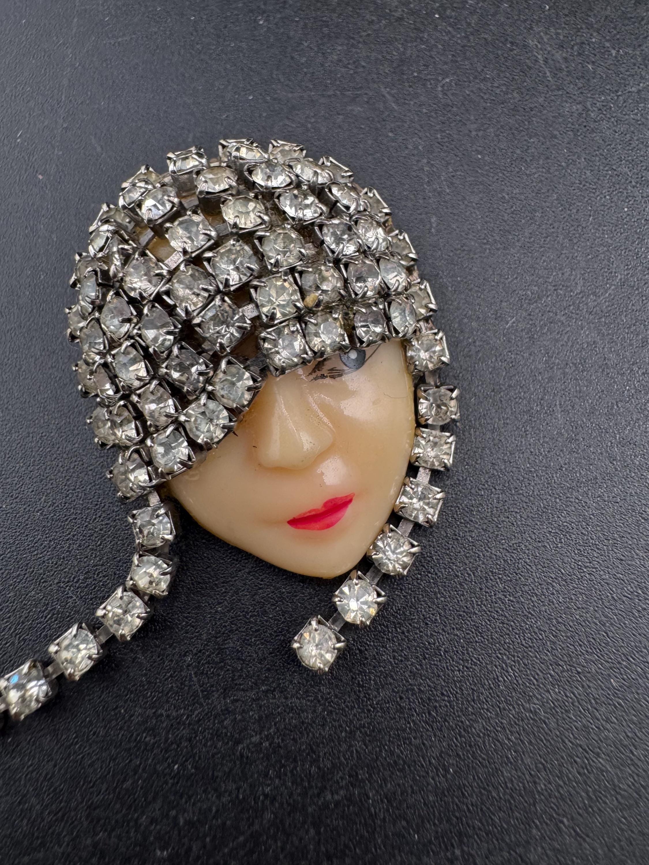 Signed vintage rhinestone flapper face brooch, art deco lady pin