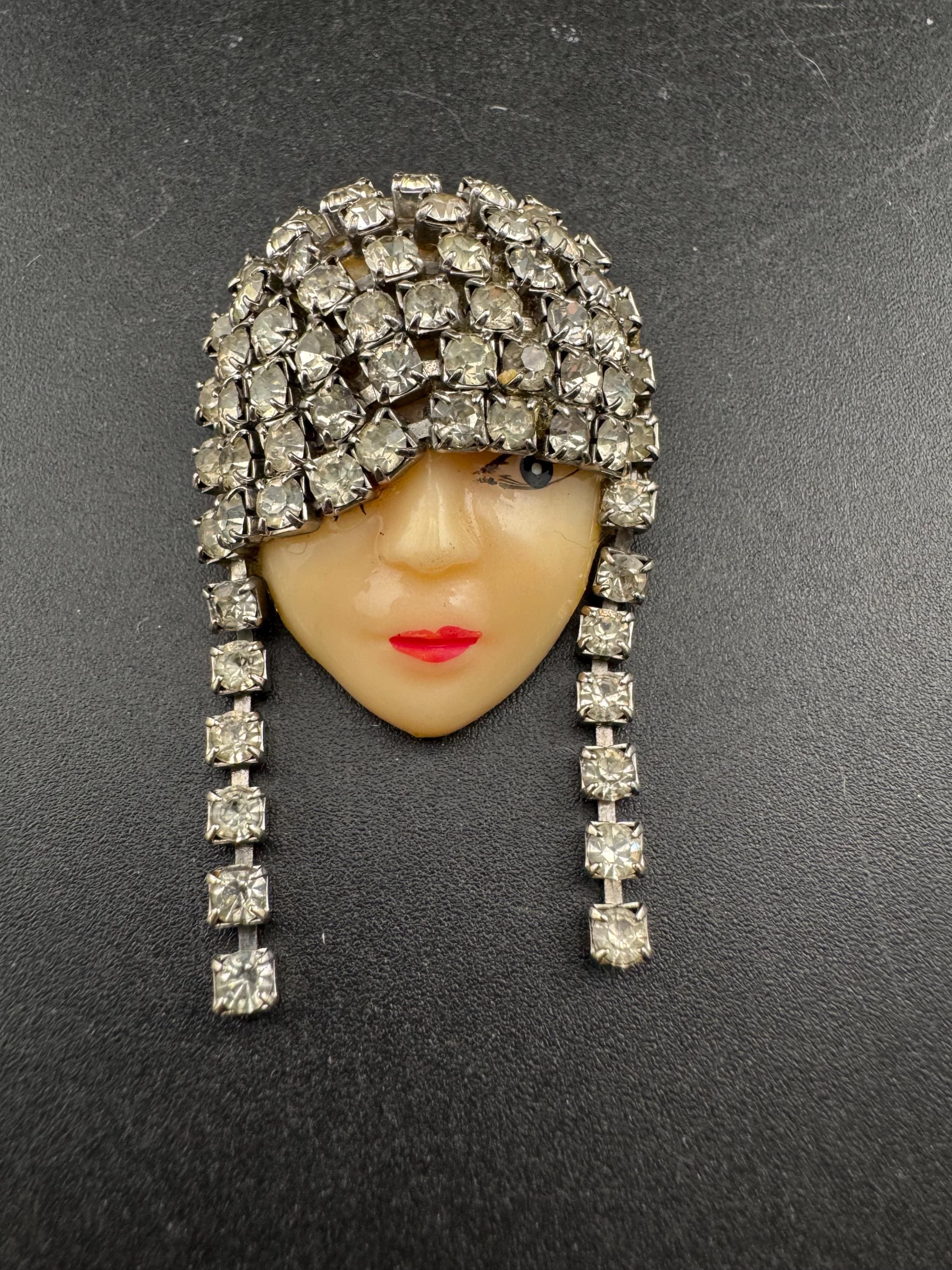 Signed vintage rhinestone flapper face brooch, art deco lady pin