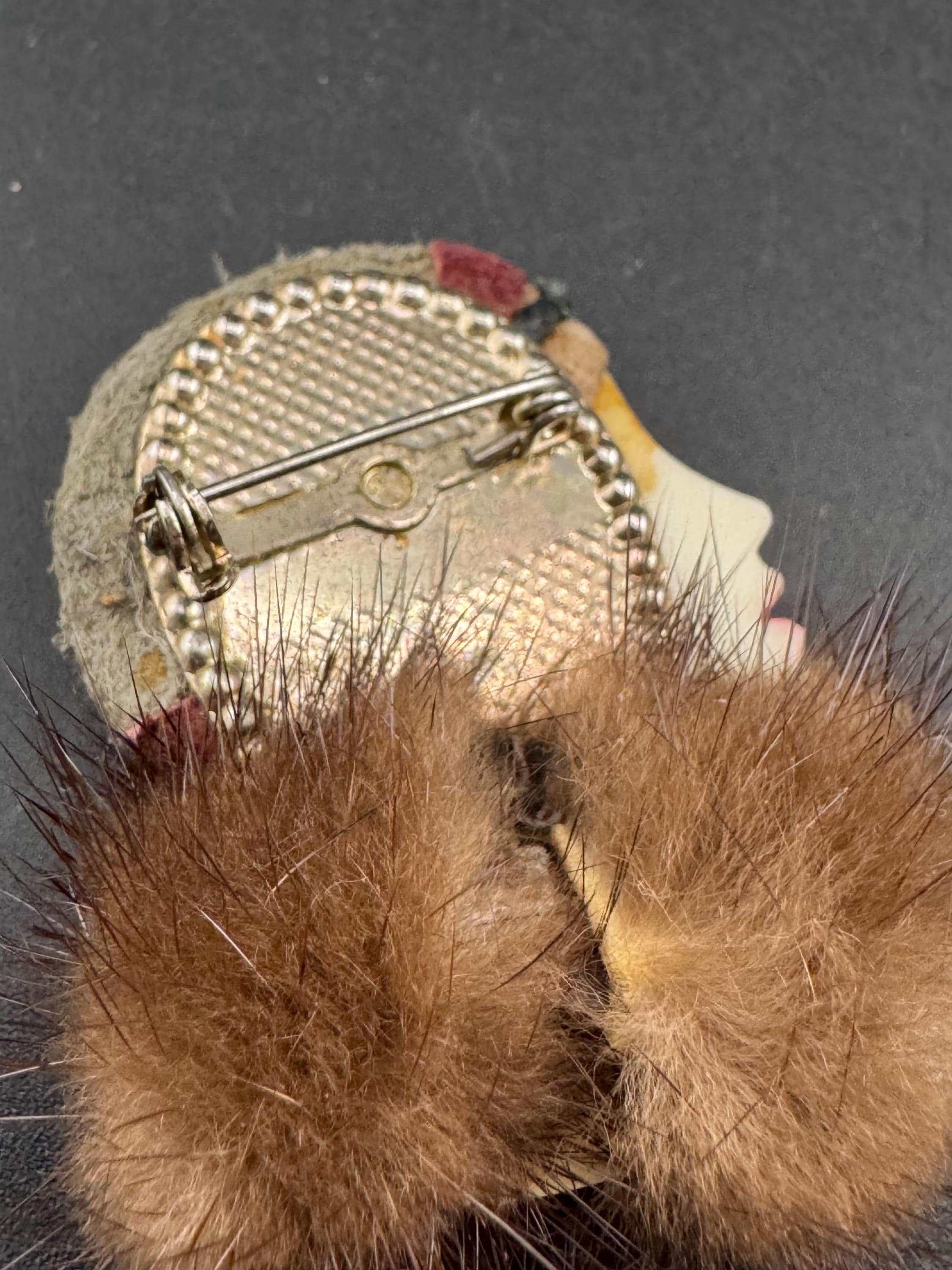vintage flapper face brooch, art deco lady pin with mink fur